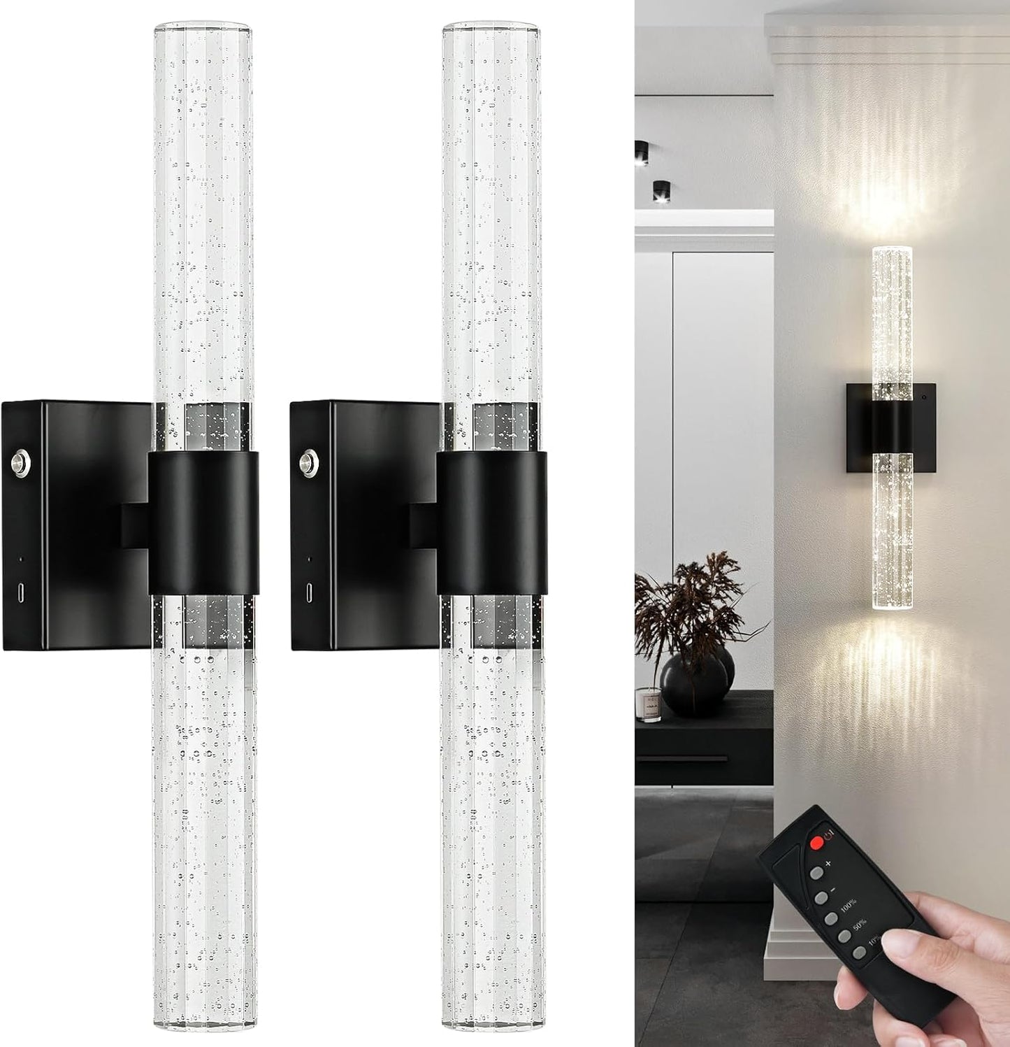 Wireless Wall Sconces Set of Two Battery Operated, 4000K Dimmable Crystal LED Bathroom Sconces Wall Lighting Modern Indoor Nickel Wall Lights for Bedroom Living Room
