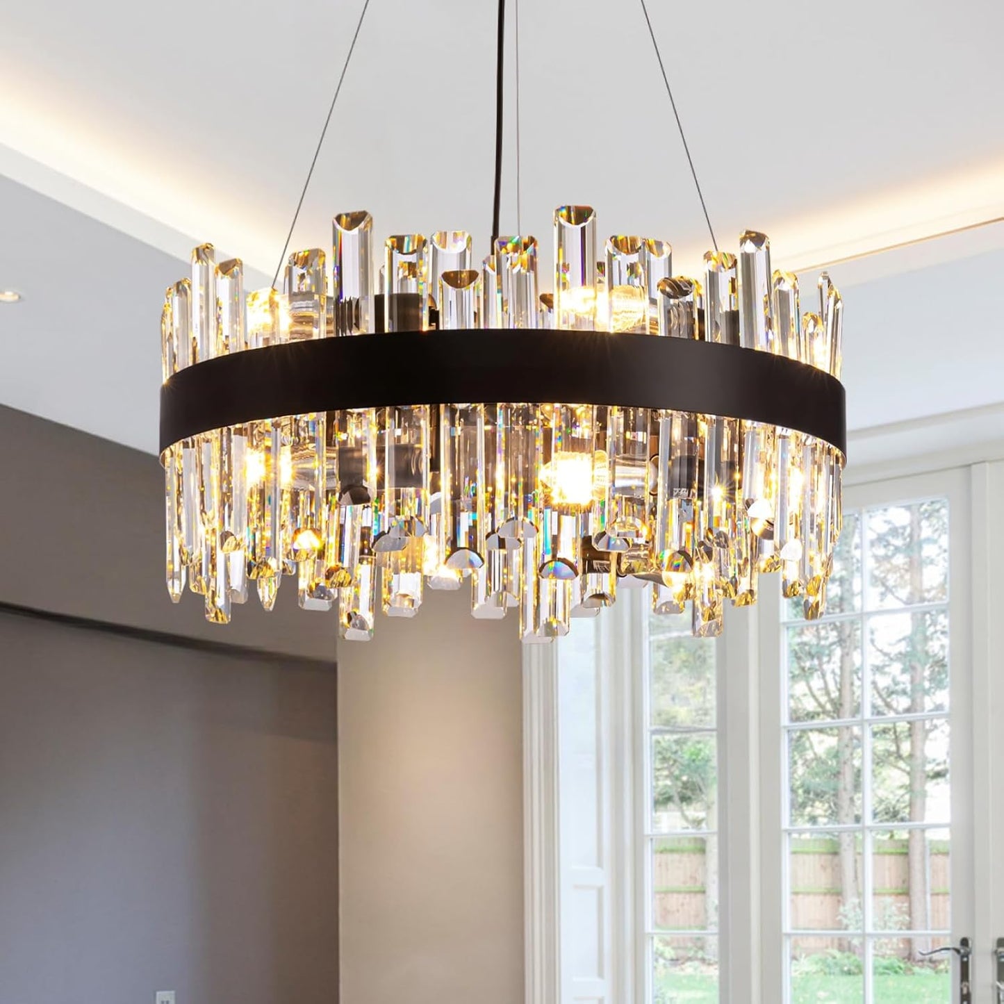 Siljoy Modern Crystal Chandelier 12-Light Brushed Gold 2-Tiers Crystal Raindrop Chandelier Adjustable Flush Mount Pendant Ceiling Light Fixture for Dining Living Room Foyer Entryway D23.6''