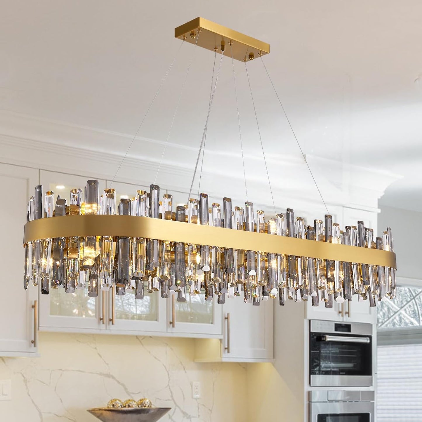 Siljoy Modern Crystal Chandelier 12-Light Brushed Gold 2-Tiers Crystal Raindrop Chandelier Adjustable Flush Mount Pendant Ceiling Light Fixture for Dining Living Room Foyer Entryway D23.6''