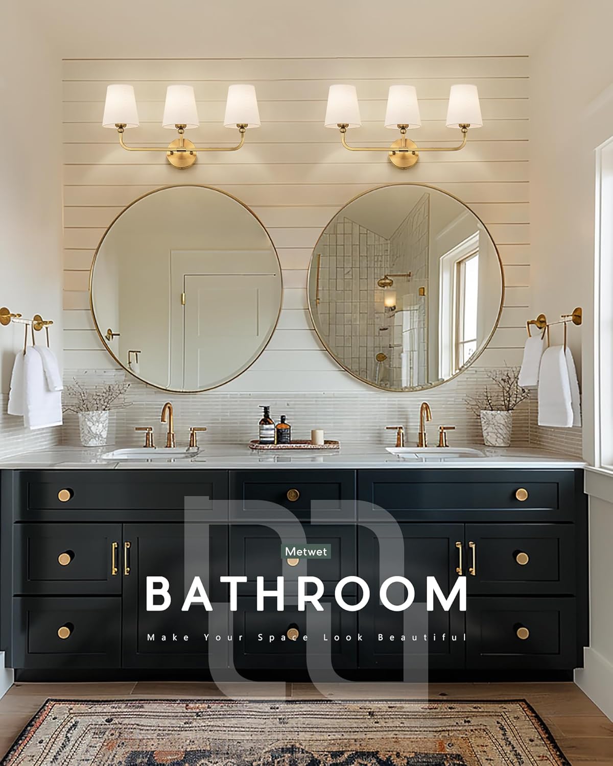 Bathroom Light Fixtures, Brushed Gold Vanity Lights with Flared White Fabric Shade, 3 Light Wall Sconce, Modern Sconces Wall Lighting for Hallway Bedroom, VL837-BG-3