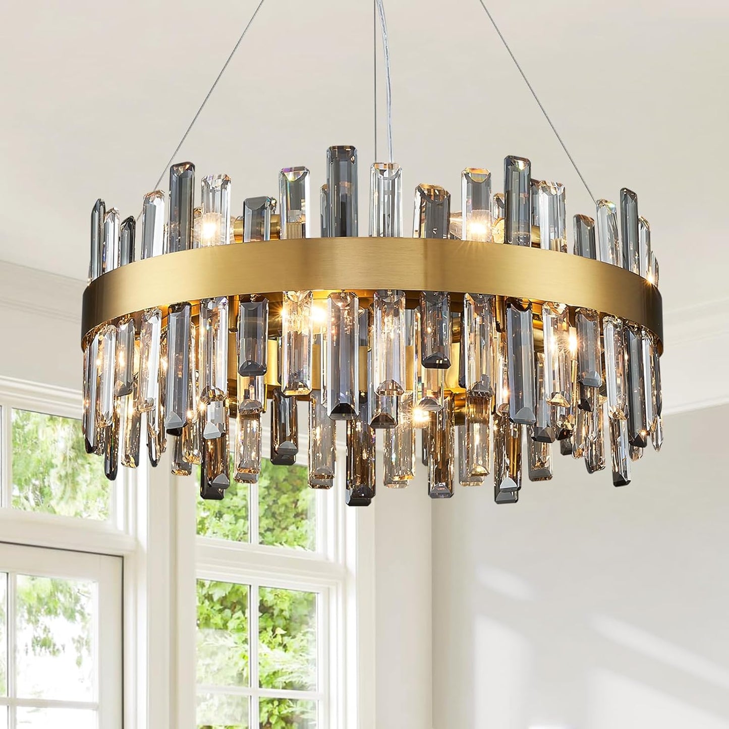 Siljoy Modern Crystal Chandelier 12-Light Brushed Gold 2-Tiers Crystal Raindrop Chandelier Adjustable Flush Mount Pendant Ceiling Light Fixture for Dining Living Room Foyer Entryway D23.6''