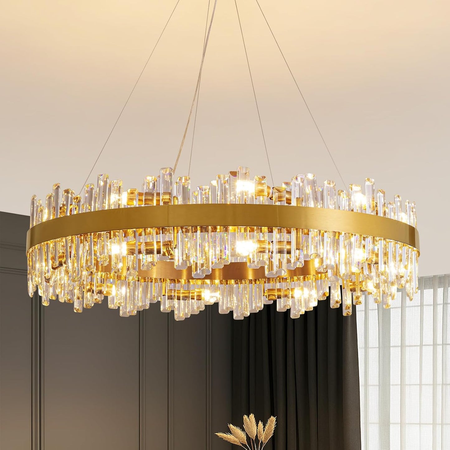Siljoy Modern Crystal Chandelier 12-Light Brushed Gold 2-Tiers Crystal Raindrop Chandelier Adjustable Flush Mount Pendant Ceiling Light Fixture for Dining Living Room Foyer Entryway D23.6''
