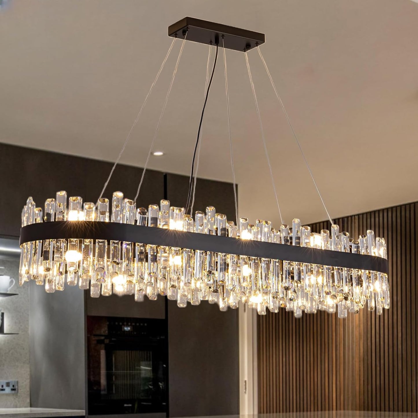 Siljoy Modern Crystal Chandelier 12-Light Brushed Gold 2-Tiers Crystal Raindrop Chandelier Adjustable Flush Mount Pendant Ceiling Light Fixture for Dining Living Room Foyer Entryway D23.6''
