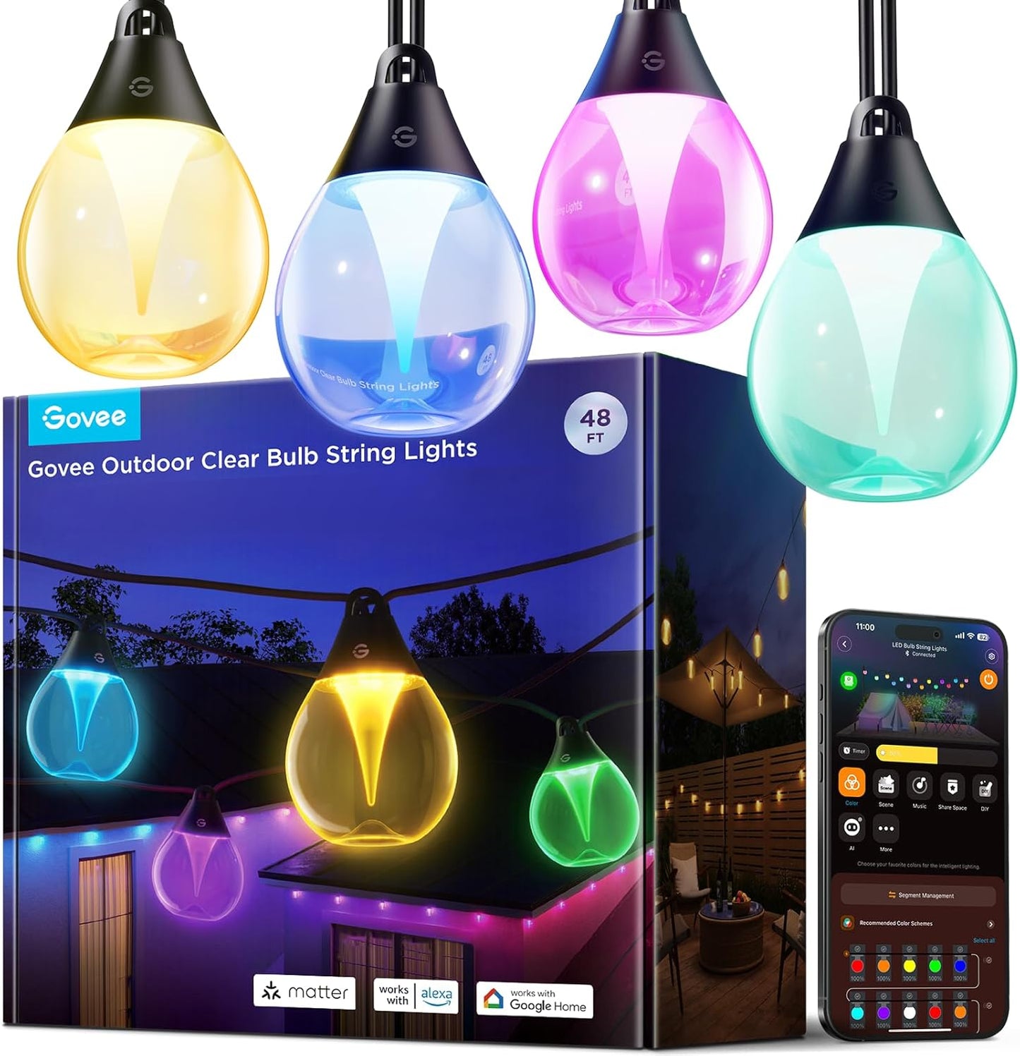 Govee Outdoor Clear Bulb String Lights, 96ft RGBWIC Outdoor Lights with 30 Dimmable Warm White LED Bulbs, 111 Scene Modes for Patio, Backyard, IP67 Waterproof, Works with Alexa, Google & Matter