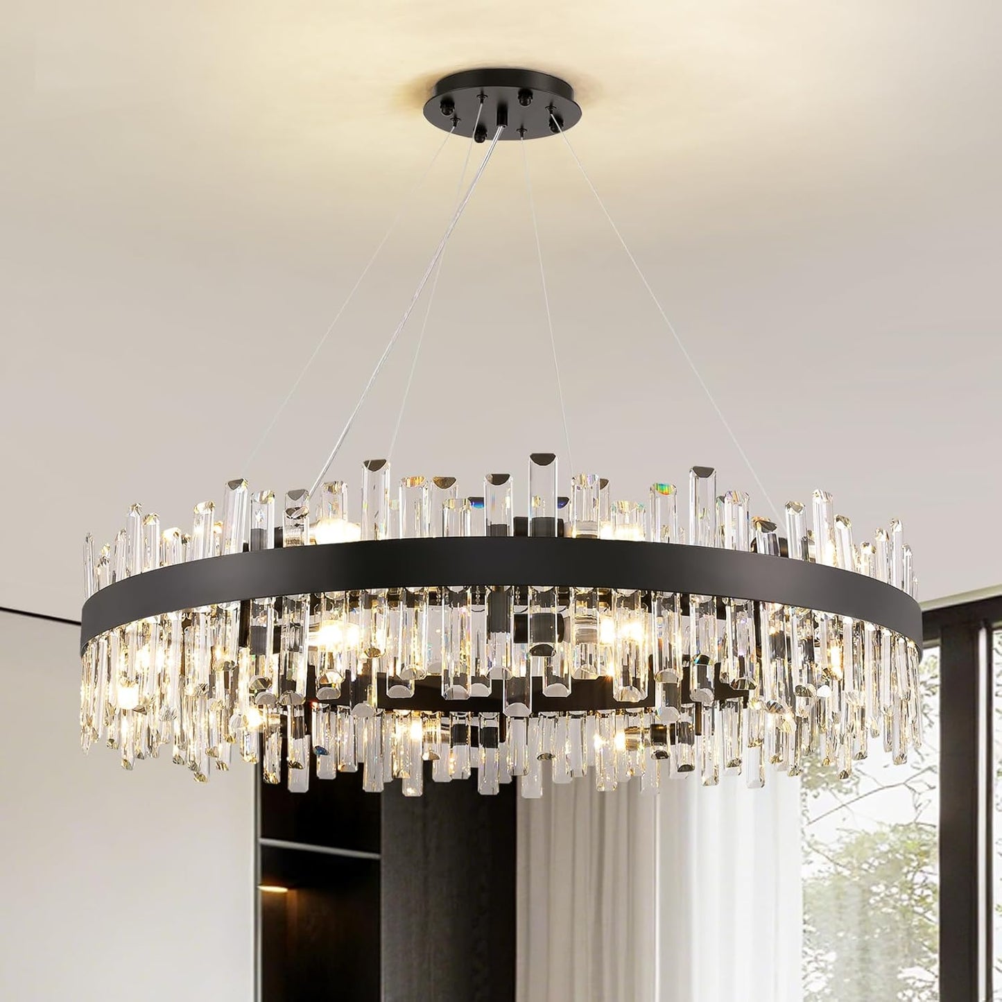 Siljoy Modern Crystal Chandelier 12-Light Brushed Gold 2-Tiers Crystal Raindrop Chandelier Adjustable Flush Mount Pendant Ceiling Light Fixture for Dining Living Room Foyer Entryway D23.6''