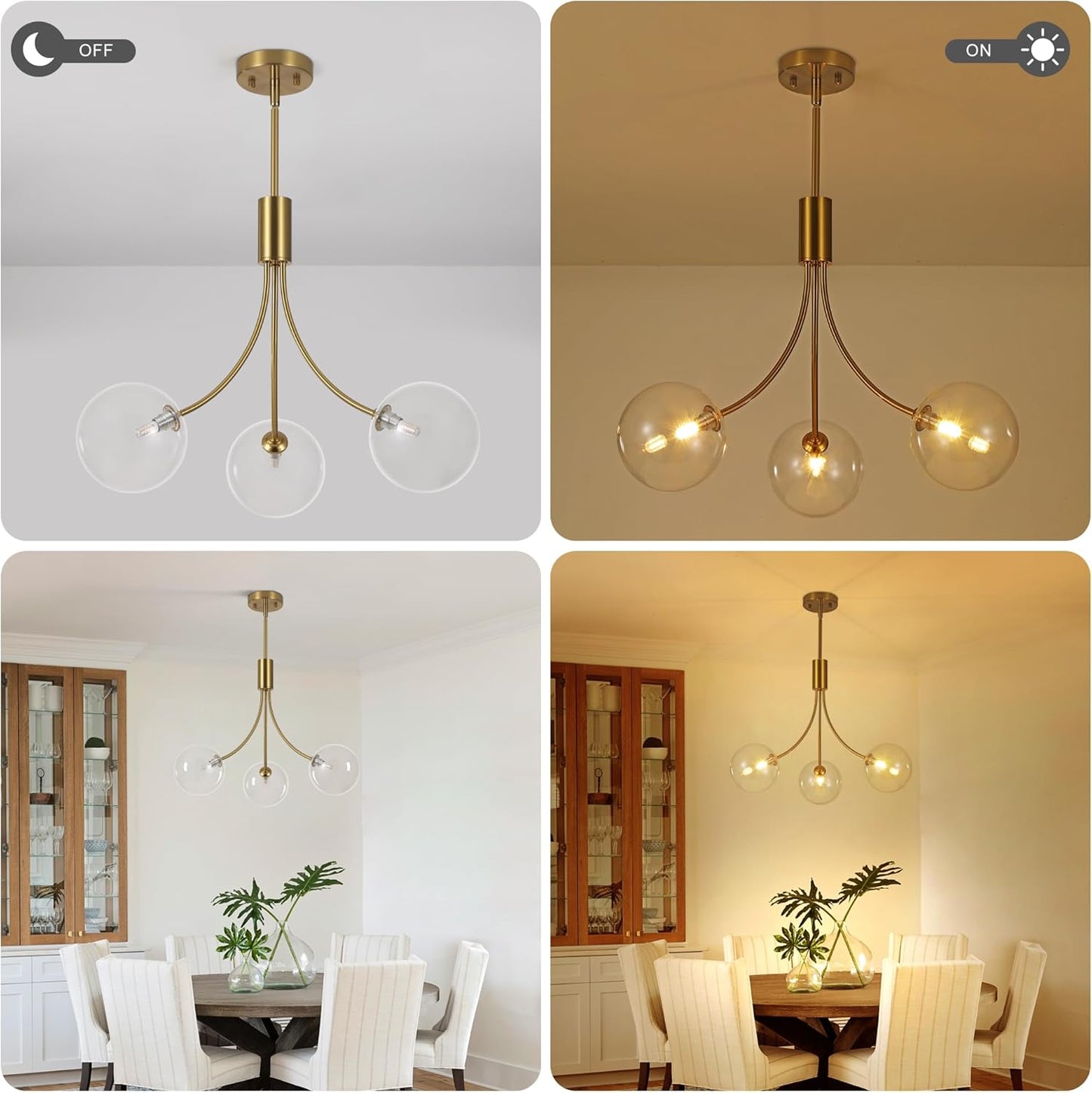 3-Light Gold Light Fixture for Kitchen,Modern Dining Room Light Fixture,Sputnik Chandeliers with Clear Glass Shade for Kitchen Island Living Room Bedroom Foyer Entryway,25.2in,G9.