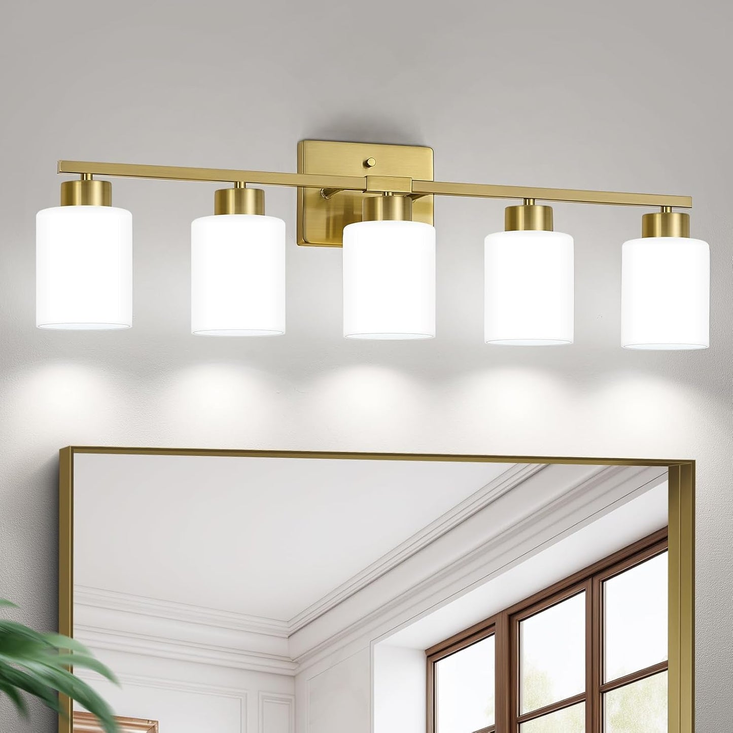 Brushed Nickel Bathroom Light Fixtures, 5-Light Modern Vanity Light Over Mirror, Wall Sconces with Milky White Frosted Glass Shades, E26 Socket (Bulbs Not Included)