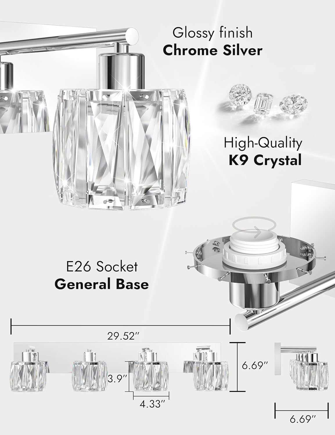 VOLISUN Crystal Vanity Lights - 4 Light Modern Stainless Steel Bathroom Light Over Mirror, Chrome Finish - UL Certificated (Exclude Bulb)