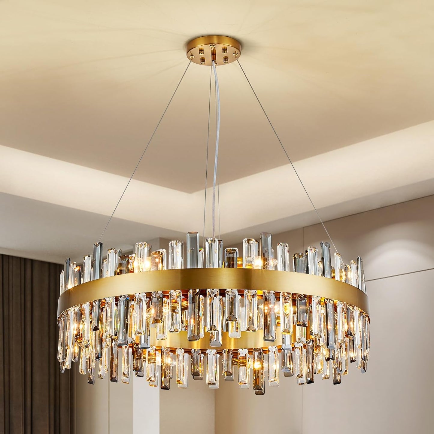 Siljoy Modern Crystal Chandelier 12-Light Brushed Gold 2-Tiers Crystal Raindrop Chandelier Adjustable Flush Mount Pendant Ceiling Light Fixture for Dining Living Room Foyer Entryway D23.6''