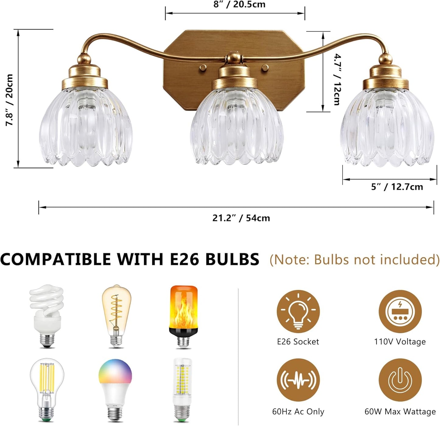 Vintage Bathroom Light Fixtures, Gold Bathroom Vanity Light, Matte Antique Brass Finish with Crystal Glass Shade, Wall Sconces Lighting for Bedroom, Living Room, Hallway (Gold, 3-Light)