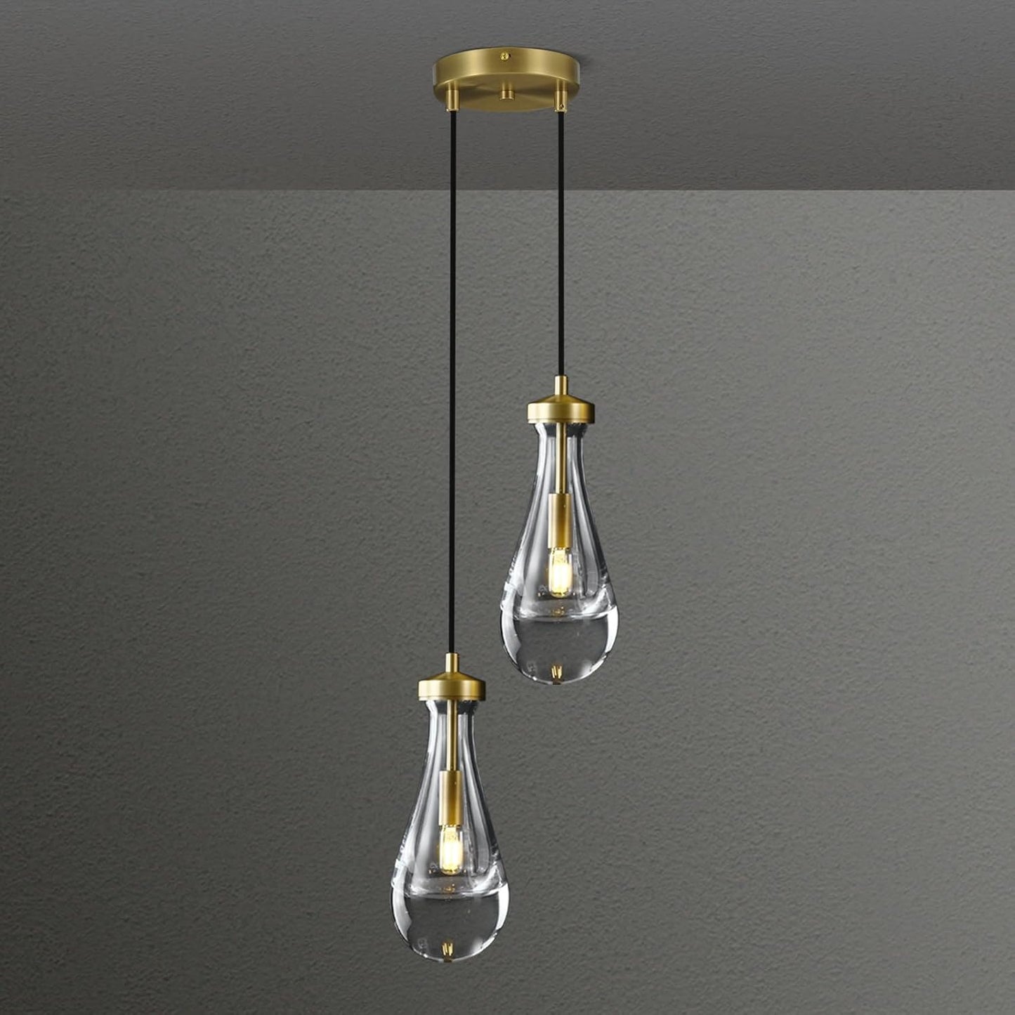 Raindrop Pendant Light Fixtures Set of Two, Brass Glass Pendant Lighting, Teardrops Pendant Lights Kitchen Island, Indoor Pendant Light for Kitchen Island Bedroom Bathroom, Included Bulb