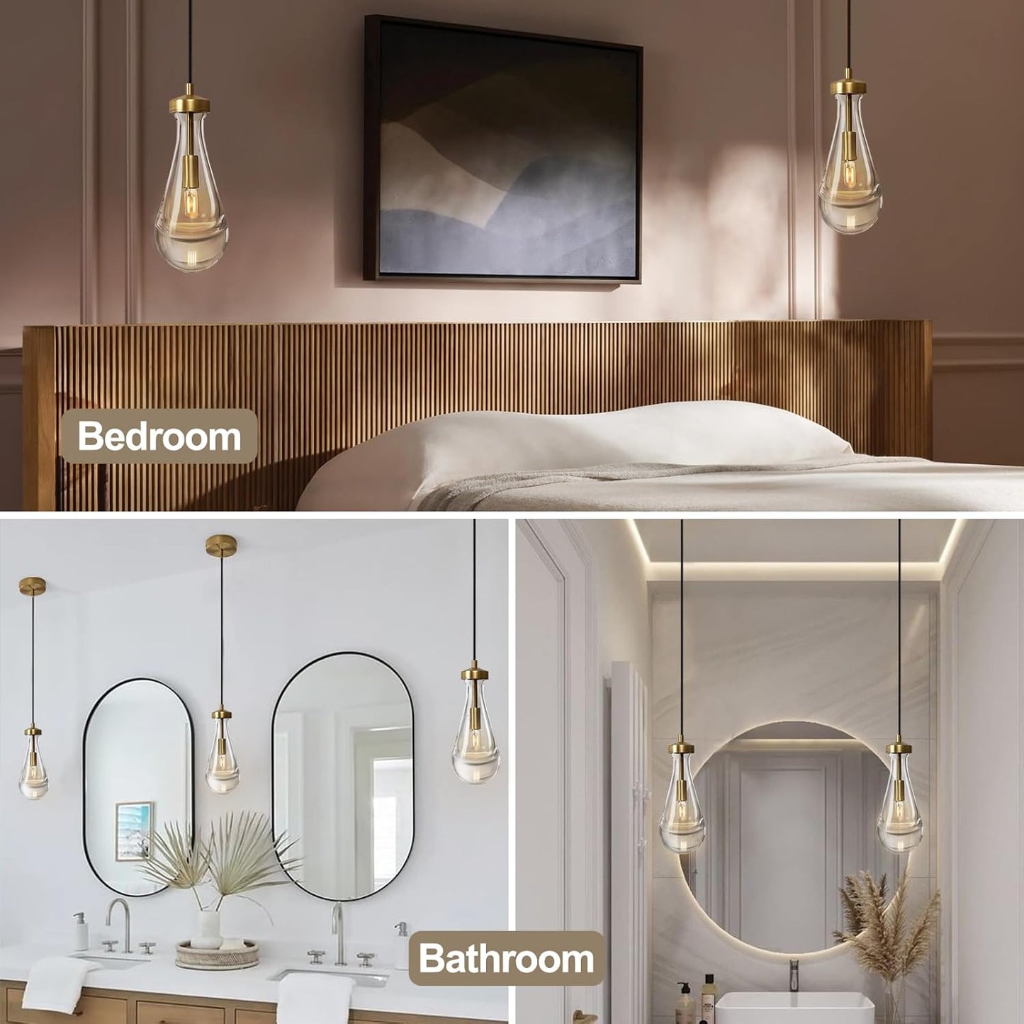 Raindrop Pendant Light Fixtures Set of Two, Brass Glass Pendant Lighting, Teardrops Pendant Lights Kitchen Island, Indoor Pendant Light for Kitchen Island Bedroom Bathroom, Included Bulb