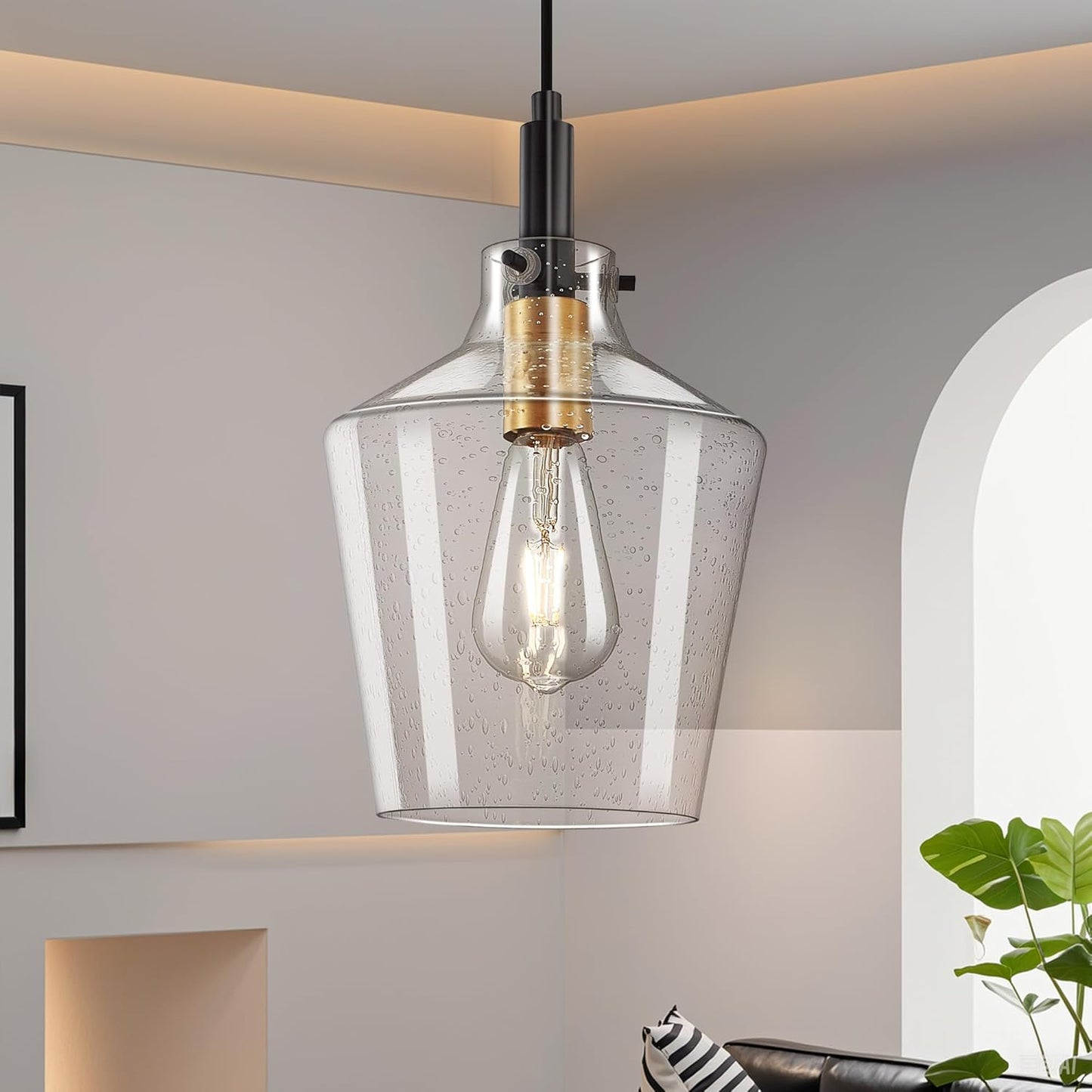 Modern Glass Pendant Lighting for Kitchen Island 2 Pack, Farmhouse Black and Gold Pendant Light Fixtures, Adjustable Hanging Ceiling Light, Angled Clear Glass Shades 8 Inch
