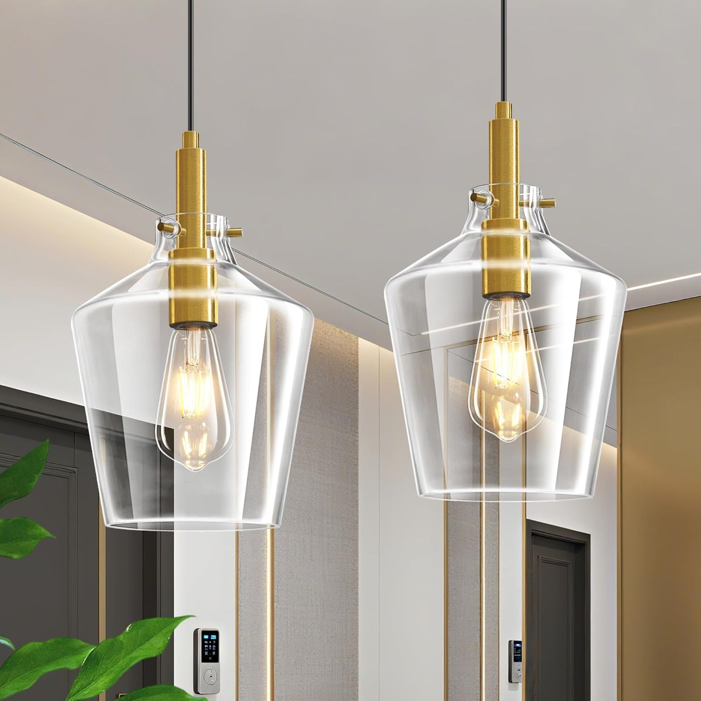 Modern Glass Pendant Lighting for Kitchen Island 2 Pack, Farmhouse Black and Gold Pendant Light Fixtures, Adjustable Hanging Ceiling Light, Angled Clear Glass Shades 8 Inch