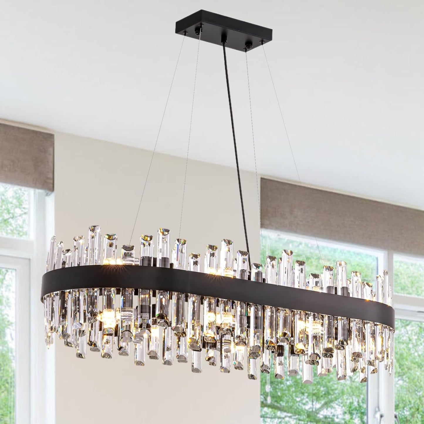 Siljoy Modern Crystal Chandelier 12-Light Brushed Gold 2-Tiers Crystal Raindrop Chandelier Adjustable Flush Mount Pendant Ceiling Light Fixture for Dining Living Room Foyer Entryway D23.6''