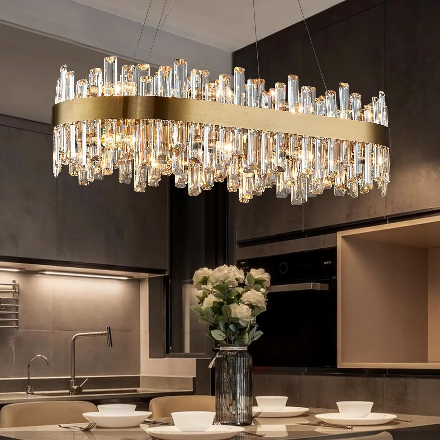 Siljoy Modern Crystal Chandelier 12-Light Brushed Gold 2-Tiers Crystal Raindrop Chandelier Adjustable Flush Mount Pendant Ceiling Light Fixture for Dining Living Room Foyer Entryway D23.6''