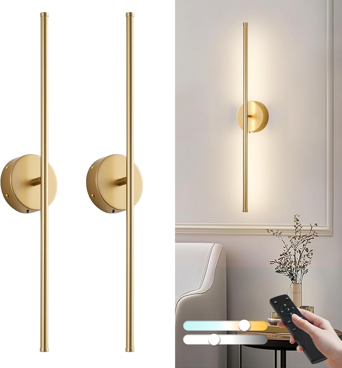 Removable Battery Operated Wall Sconces with Remote Control 350°Rotate LED Wireless Wall Lights with 3 Color Temperatures & Dimming for Bedroom, Hallway,28.3 Inch (2 Pack)