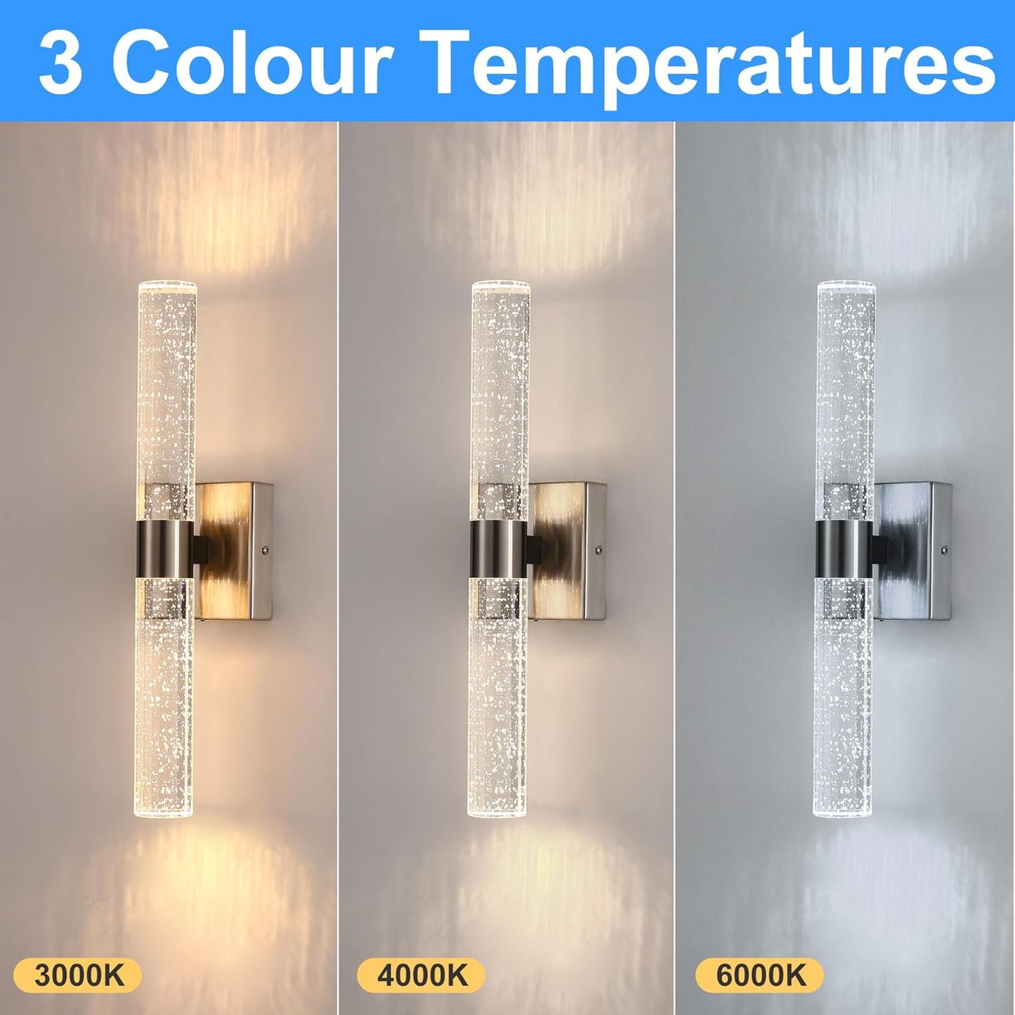 DORESshop Modern Wall Sconces Set of Two, 3CCT Crystal Bathroom Sconces Wall Light, Brushed Nickel Vanity Light Fixture, Sconce Wall Decor Set of 2, Wall Lights for Bedroom, Living Room, Hallway 18in