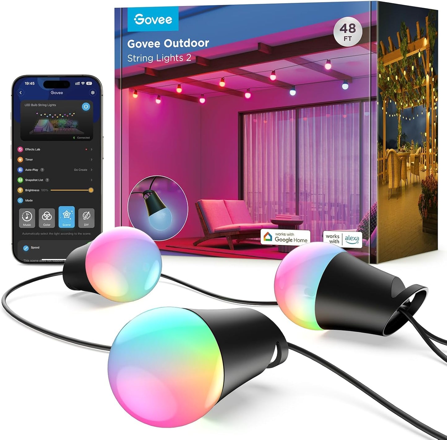 Govee Smart Outdoor String Lights 2, 144ft Outdoor Lights with Dimmable Warm White LED Bulbs, 47 Scene Modes for Patio, Backyard, Balcony, IP65 Waterproof, Works with Alexa, App Control