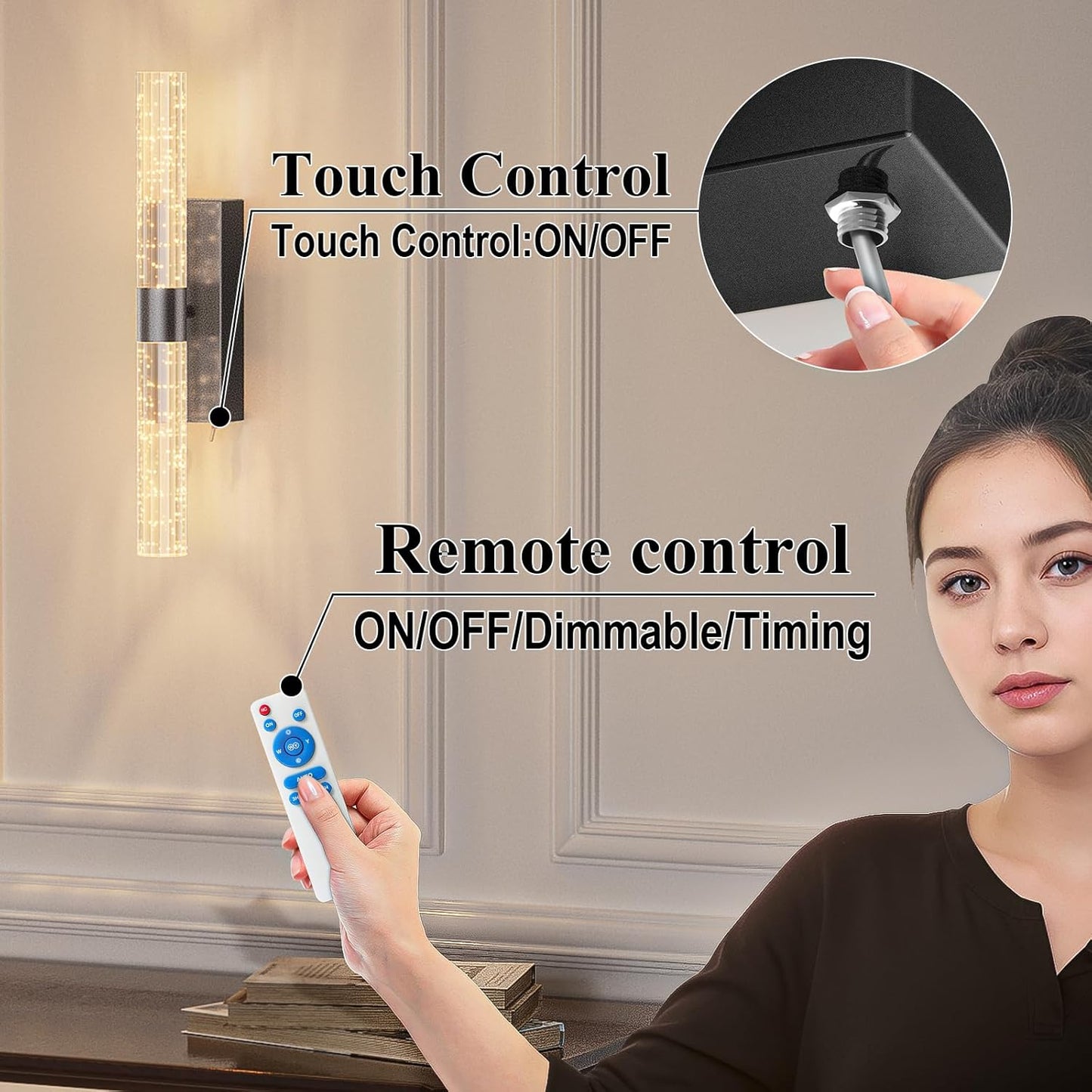 camuucci Battery Operated Black Wall Sconces Set of 2 Rechargeable Battery Powered Wall Light with 12000mAh Indoor Not Hardwired Dimmable Wall Lamp Fixtures for Bedroom Living Room 15.3 Inches