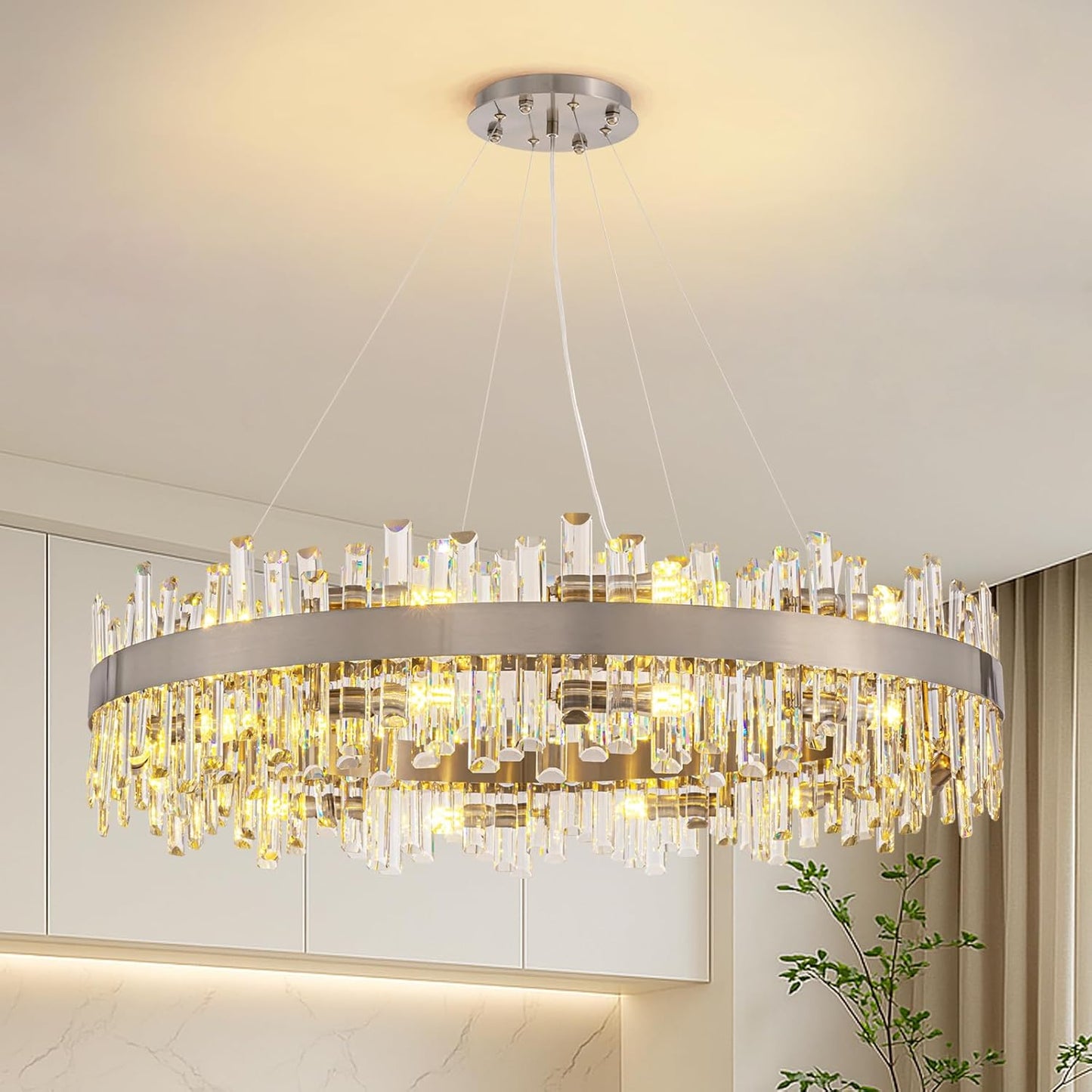 Siljoy Modern Crystal Chandelier 12-Light Brushed Gold 2-Tiers Crystal Raindrop Chandelier Adjustable Flush Mount Pendant Ceiling Light Fixture for Dining Living Room Foyer Entryway D23.6''