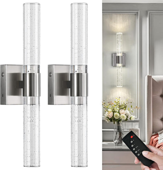 Wireless Wall Sconces Set of Two Battery Operated, 4000K Dimmable Crystal LED Bathroom Sconces Wall Lighting Modern Indoor Nickel Wall Lights for Bedroom Living Room