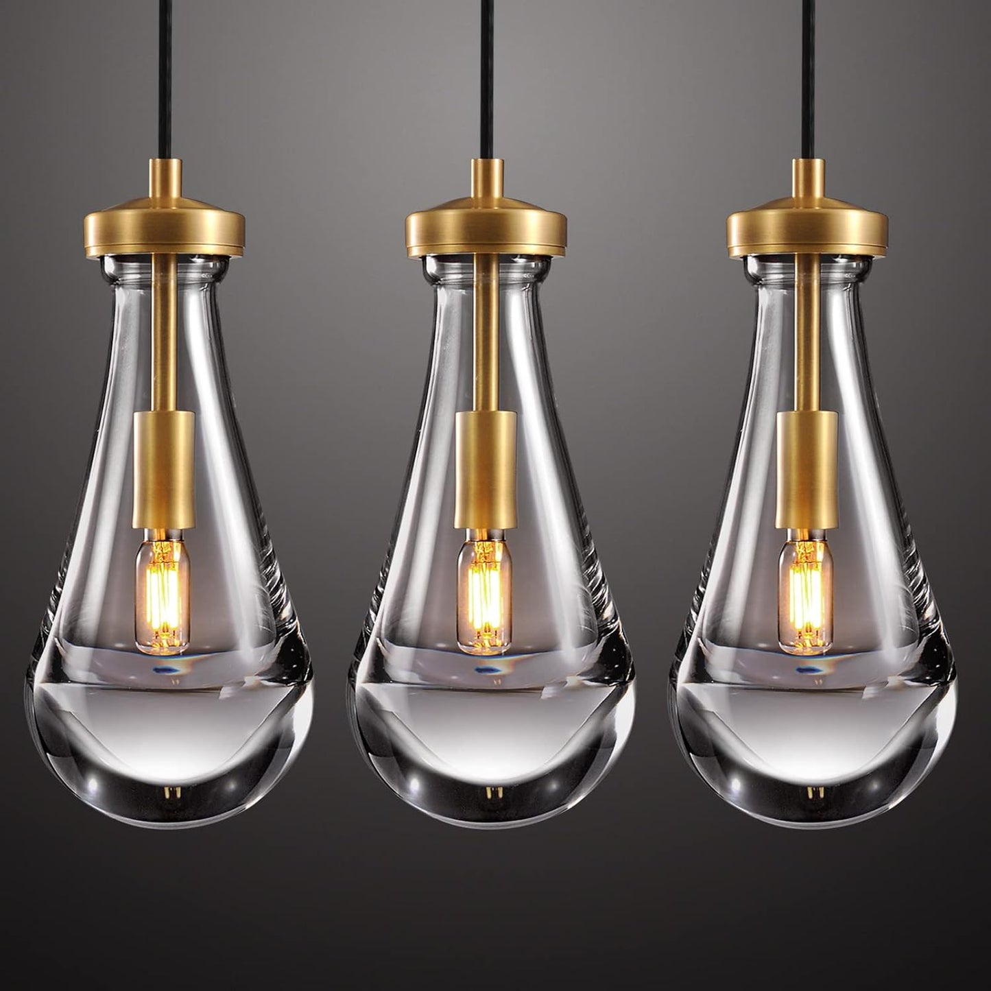Raindrop Pendant Light Fixtures Set of Two, Brass Glass Pendant Lighting, Teardrops Pendant Lights Kitchen Island, Indoor Pendant Light for Kitchen Island Bedroom Bathroom, Included Bulb