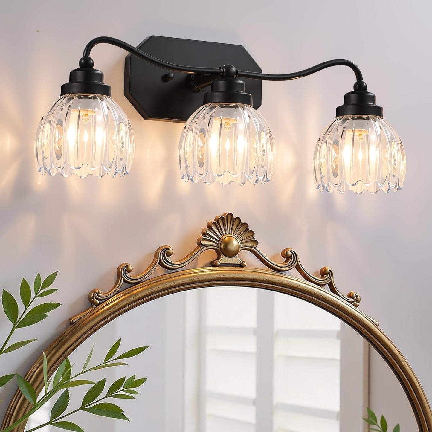 Vintage Bathroom Light Fixtures, Gold Bathroom Vanity Light, Matte Antique Brass Finish with Crystal Glass Shade, Wall Sconces Lighting for Bedroom, Living Room, Hallway (Gold, 3-Light)