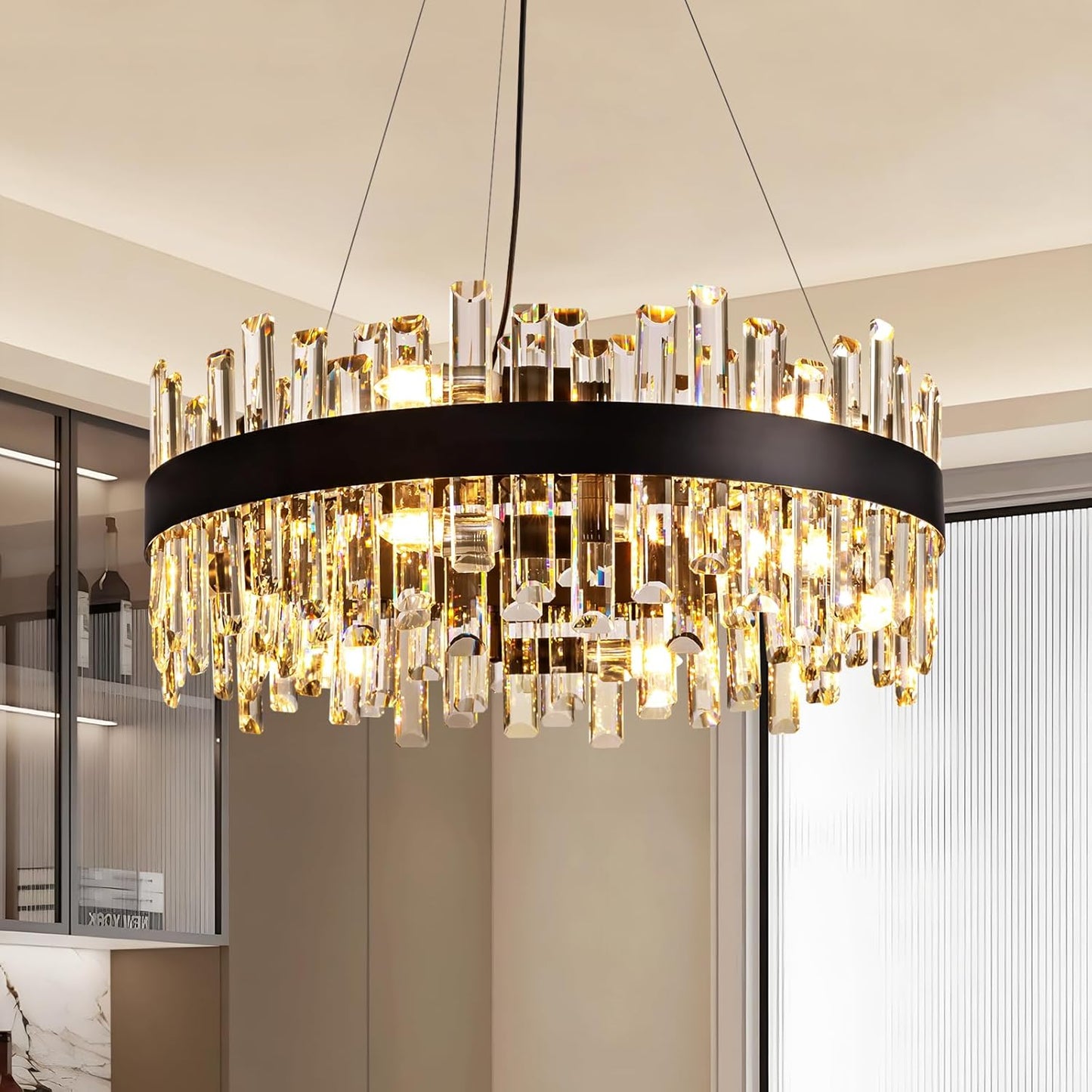 Siljoy Modern Crystal Chandelier 12-Light Brushed Gold 2-Tiers Crystal Raindrop Chandelier Adjustable Flush Mount Pendant Ceiling Light Fixture for Dining Living Room Foyer Entryway D23.6''
