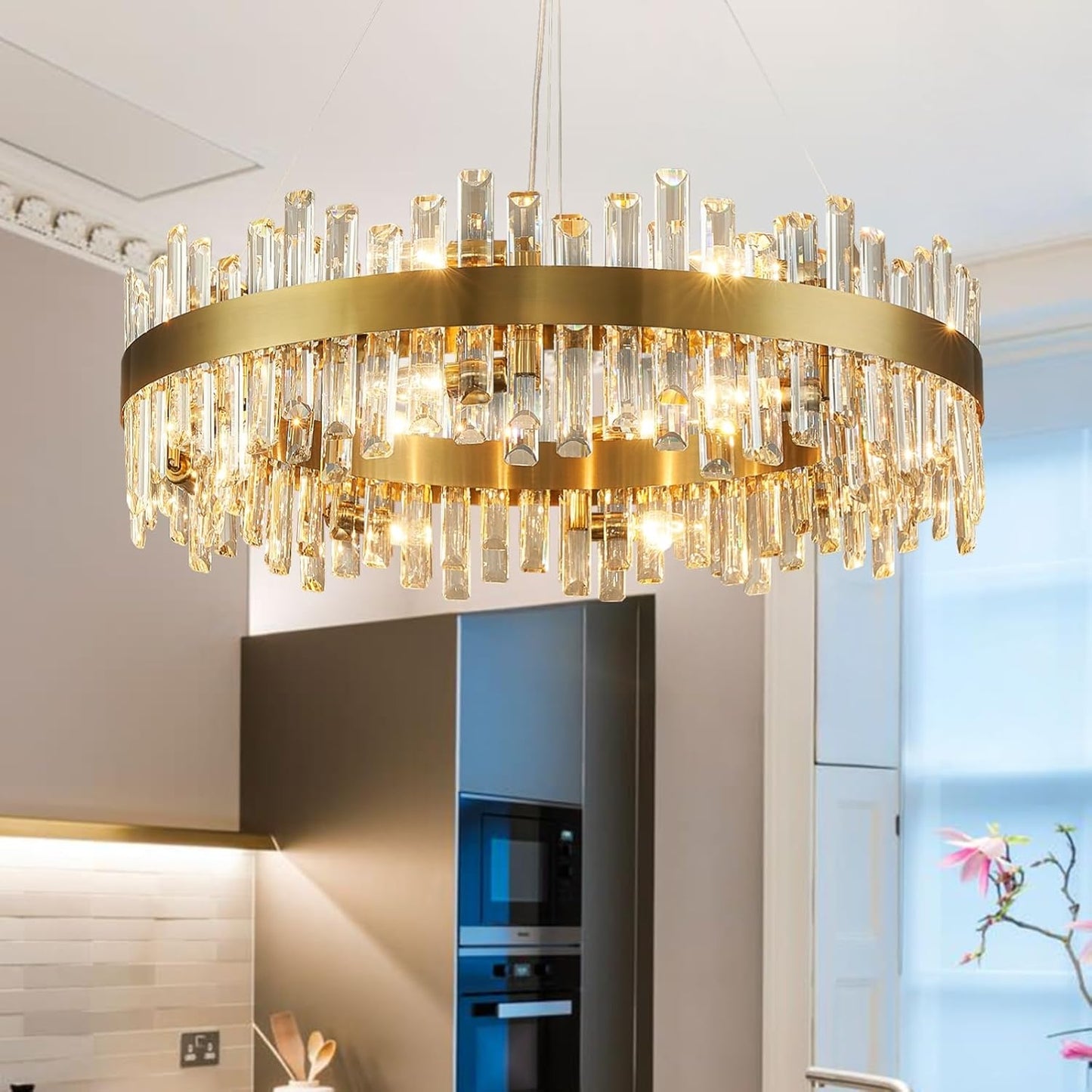 Siljoy Modern Crystal Chandelier 12-Light Brushed Gold 2-Tiers Crystal Raindrop Chandelier Adjustable Flush Mount Pendant Ceiling Light Fixture for Dining Living Room Foyer Entryway D23.6''