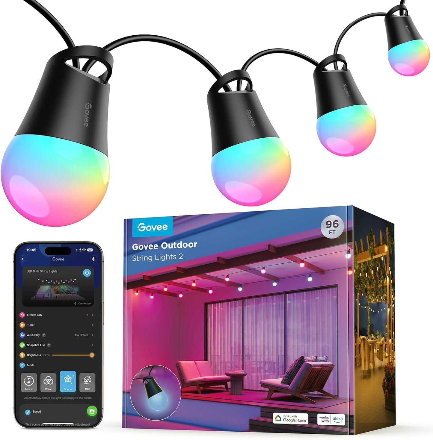 Govee Smart Outdoor String Lights 2, 144ft Outdoor Lights with Dimmable Warm White LED Bulbs, 47 Scene Modes for Patio, Backyard, Balcony, IP65 Waterproof, Works with Alexa, App Control