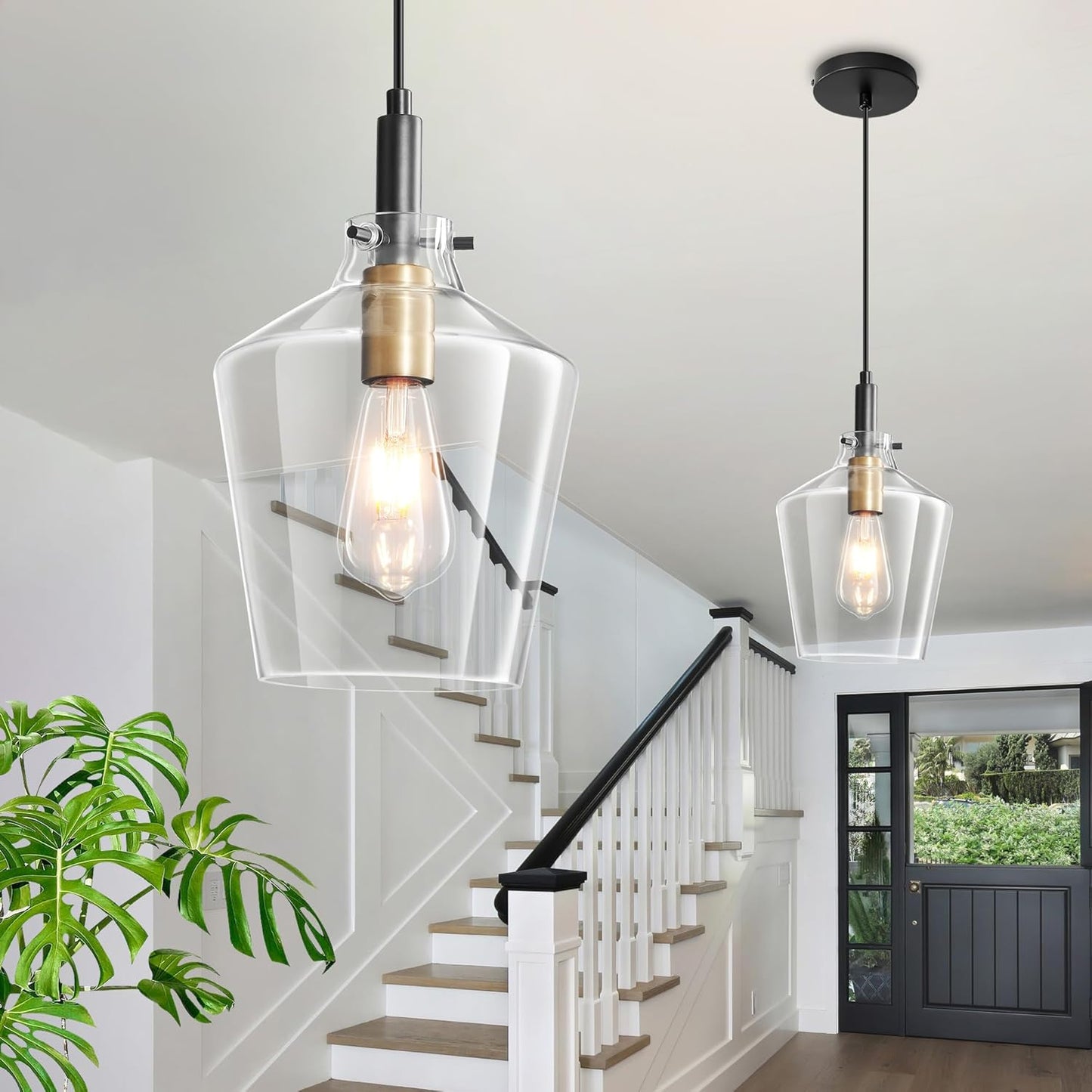 Modern Glass Pendant Lighting for Kitchen Island 2 Pack, Farmhouse Black and Gold Pendant Light Fixtures, Adjustable Hanging Ceiling Light, Angled Clear Glass Shades 8 Inch