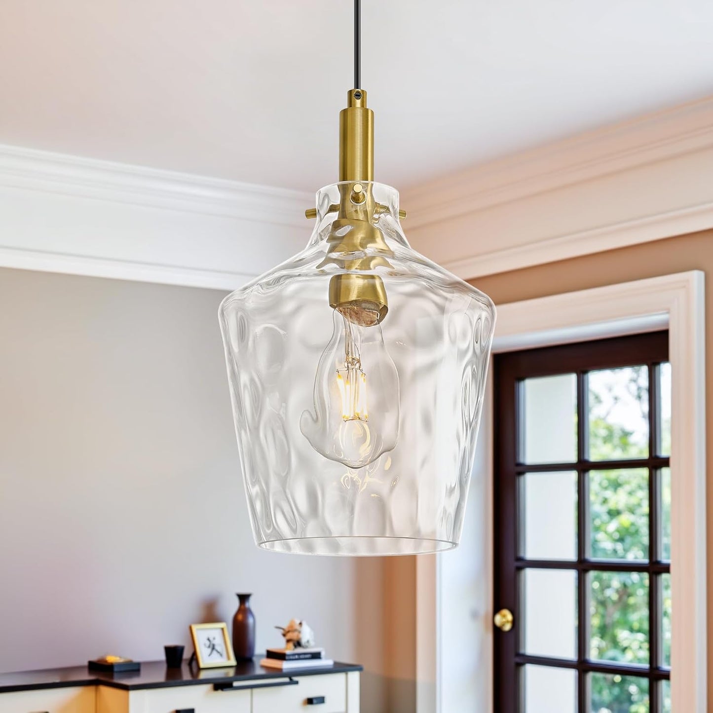 Modern Glass Pendant Lighting for Kitchen Island 2 Pack, Farmhouse Black and Gold Pendant Light Fixtures, Adjustable Hanging Ceiling Light, Angled Clear Glass Shades 8 Inch