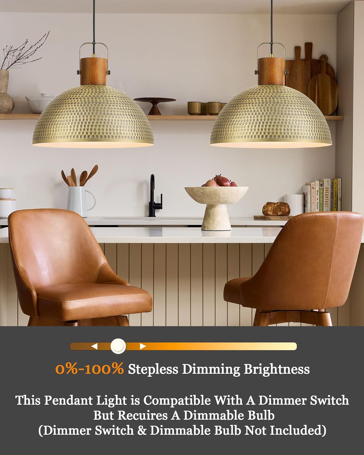 ELYONA 2 Pack Large Hammered Pendant Light Fixtures, 16 Inch Ash Wood Vintage Dome Hanging Lamp, Antique Gold Mid Century Pendant Lighting for Kitchen Island, Farmhouse, Dining Room, Brushed Brass