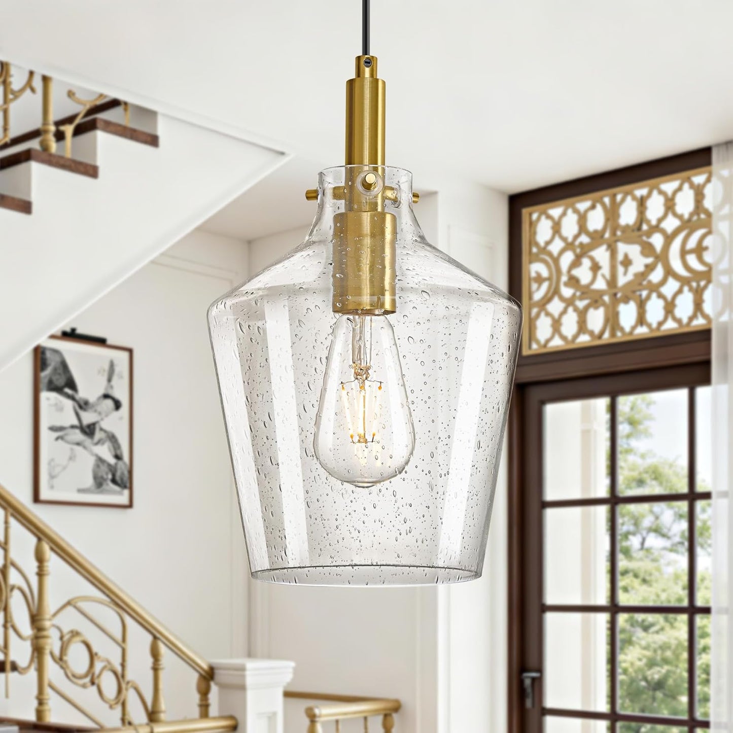 Modern Glass Pendant Lighting for Kitchen Island 2 Pack, Farmhouse Black and Gold Pendant Light Fixtures, Adjustable Hanging Ceiling Light, Angled Clear Glass Shades 8 Inch