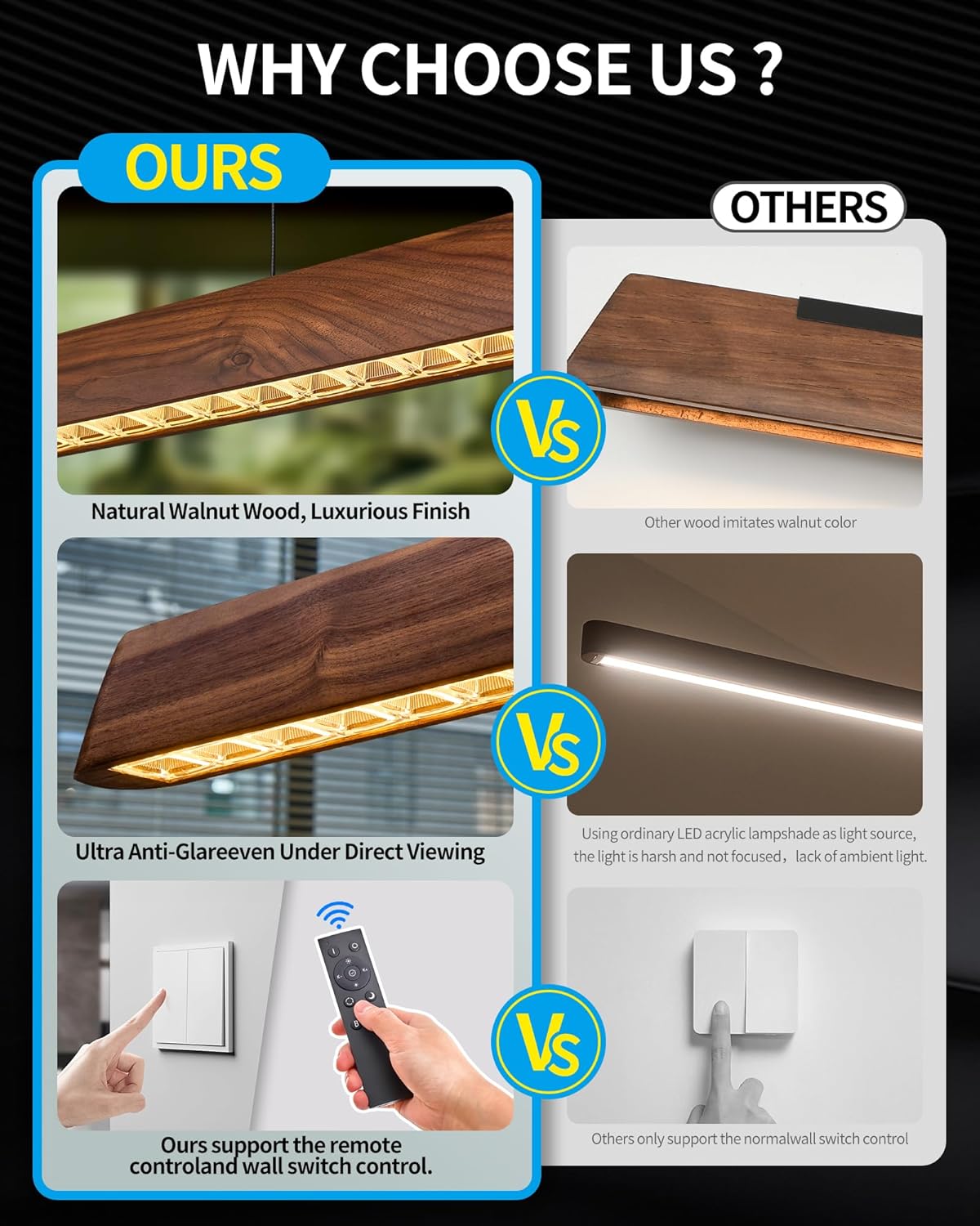 47" Wood Linear Pendant Light, Dimmable Kitchen Island Lighting with Remote, 30W LED Island Lights for Kitchen, Adjustable Linear Chandelier for Dinning Room Light Fixture, Bar, Pool Table - Walnut