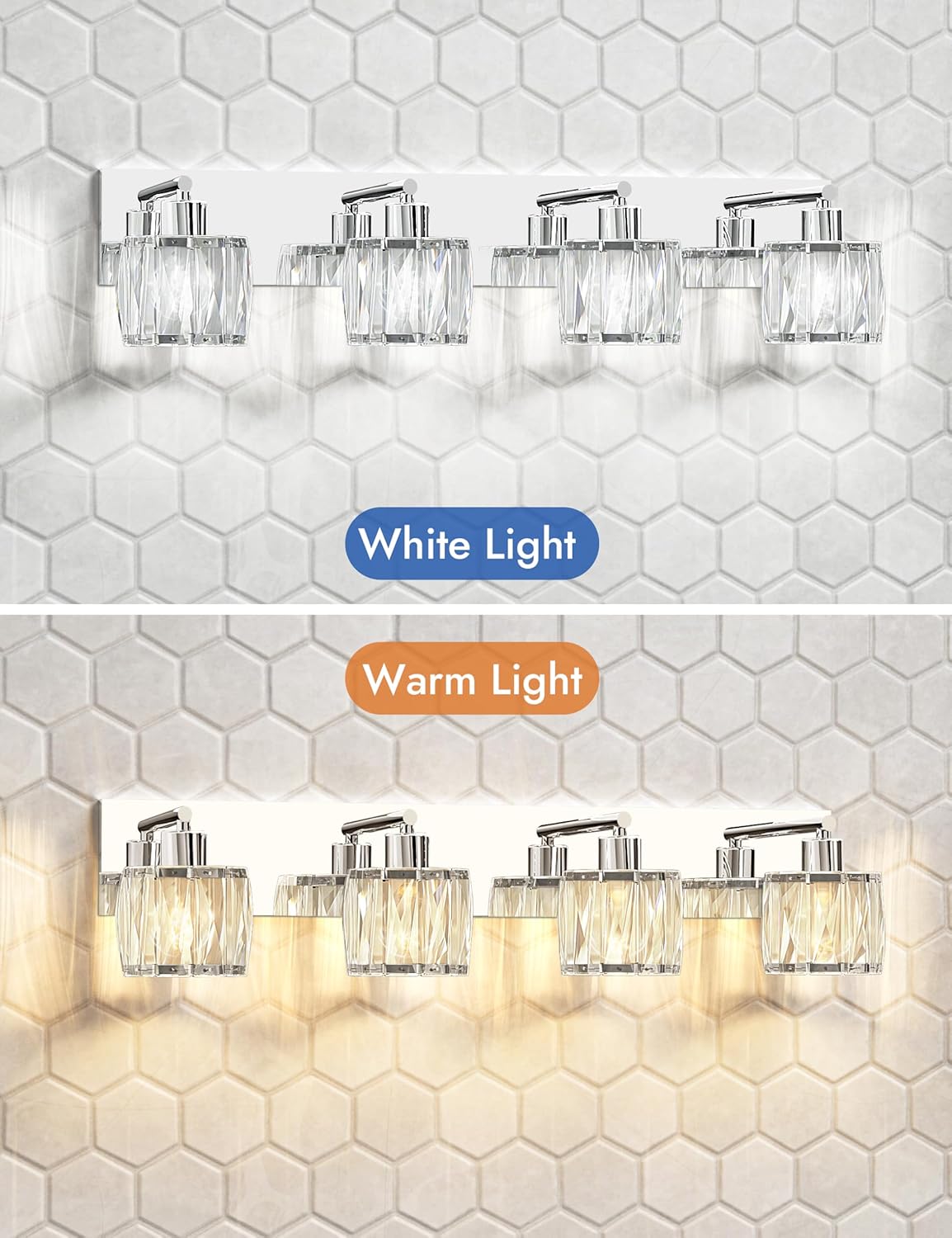 VOLISUN Crystal Vanity Lights - 4 Light Modern Stainless Steel Bathroom Light Over Mirror, Chrome Finish - UL Certificated (Exclude Bulb)