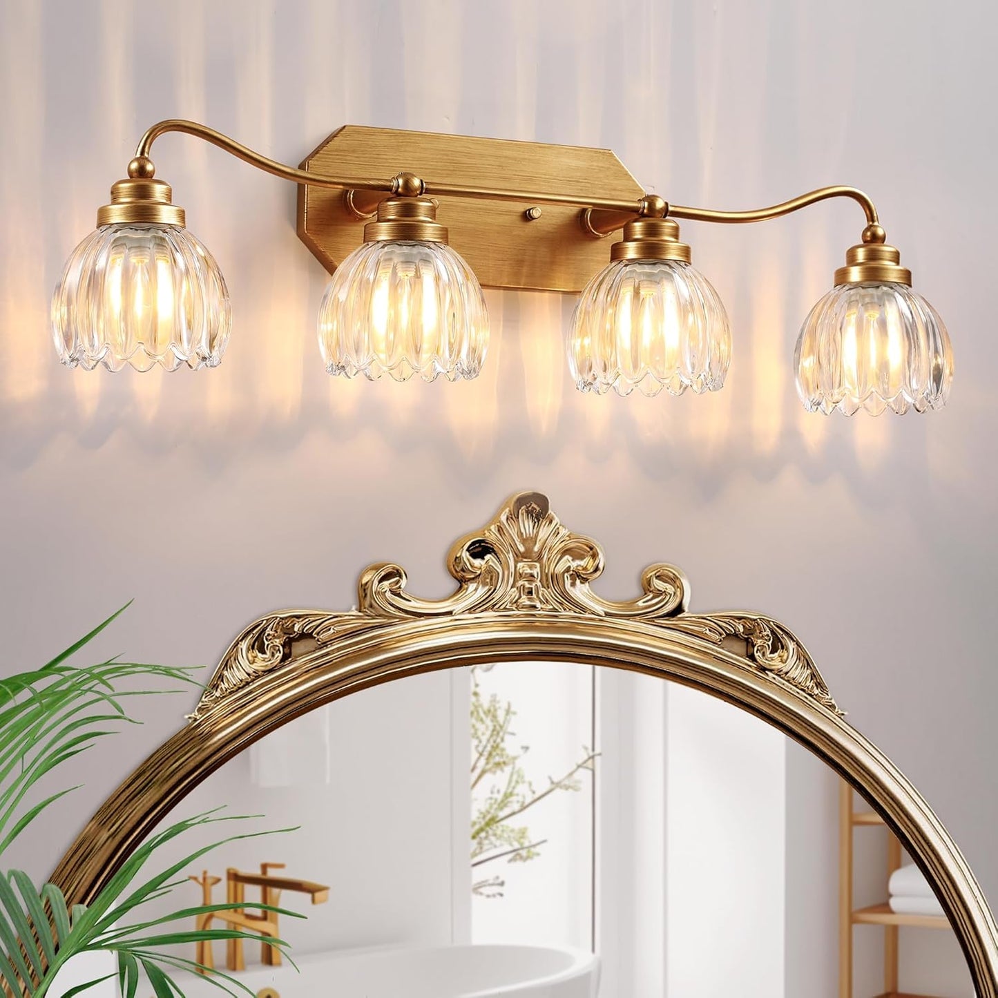 Vintage Bathroom Light Fixtures, Gold Bathroom Vanity Light, Matte Antique Brass Finish with Crystal Glass Shade, Wall Sconces Lighting for Bedroom, Living Room, Hallway (Gold, 3-Light)