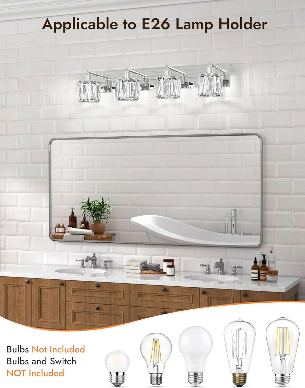 VOLISUN Crystal Vanity Lights - 4 Light Modern Stainless Steel Bathroom Light Over Mirror, Chrome Finish - UL Certificated (Exclude Bulb)