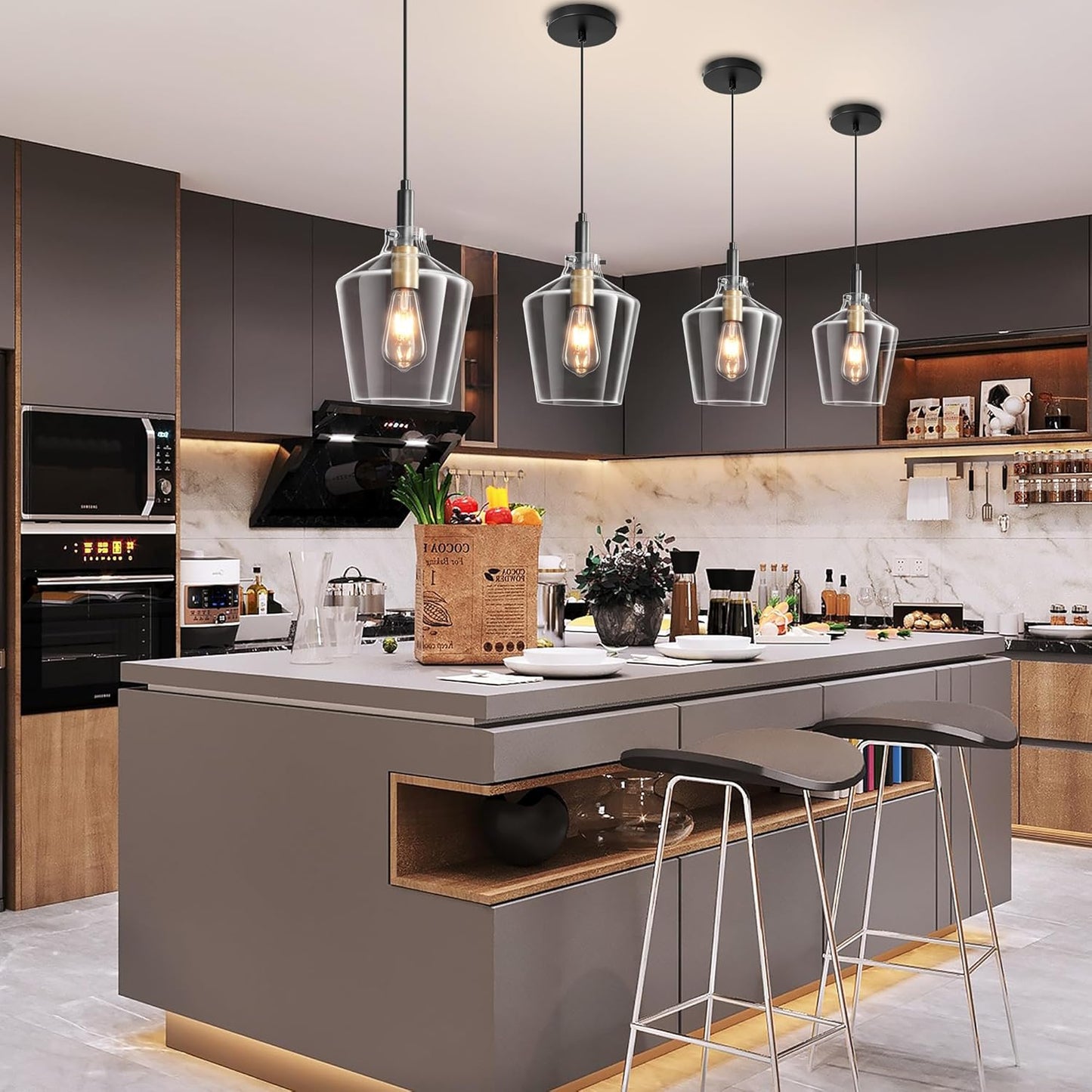 Modern Glass Pendant Lighting for Kitchen Island 2 Pack, Farmhouse Black and Gold Pendant Light Fixtures, Adjustable Hanging Ceiling Light, Angled Clear Glass Shades 8 Inch