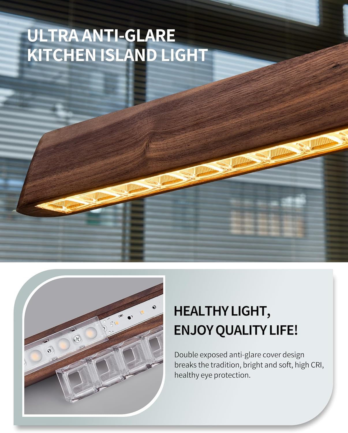 47" Wood Linear Pendant Light, Dimmable Kitchen Island Lighting with Remote, 30W LED Island Lights for Kitchen, Adjustable Linear Chandelier for Dinning Room Light Fixture, Bar, Pool Table - Walnut