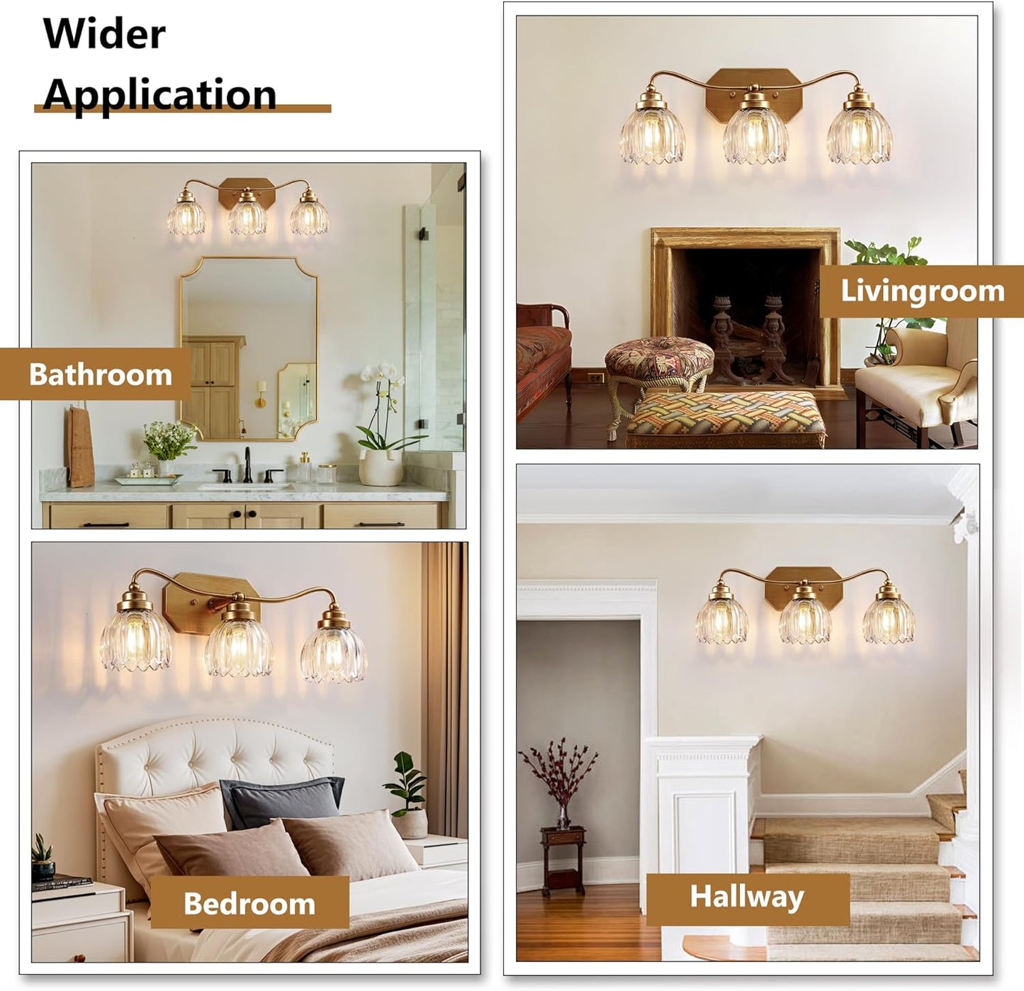 Vintage Bathroom Light Fixtures, Gold Bathroom Vanity Light, Matte Antique Brass Finish with Crystal Glass Shade, Wall Sconces Lighting for Bedroom, Living Room, Hallway (Gold, 3-Light)