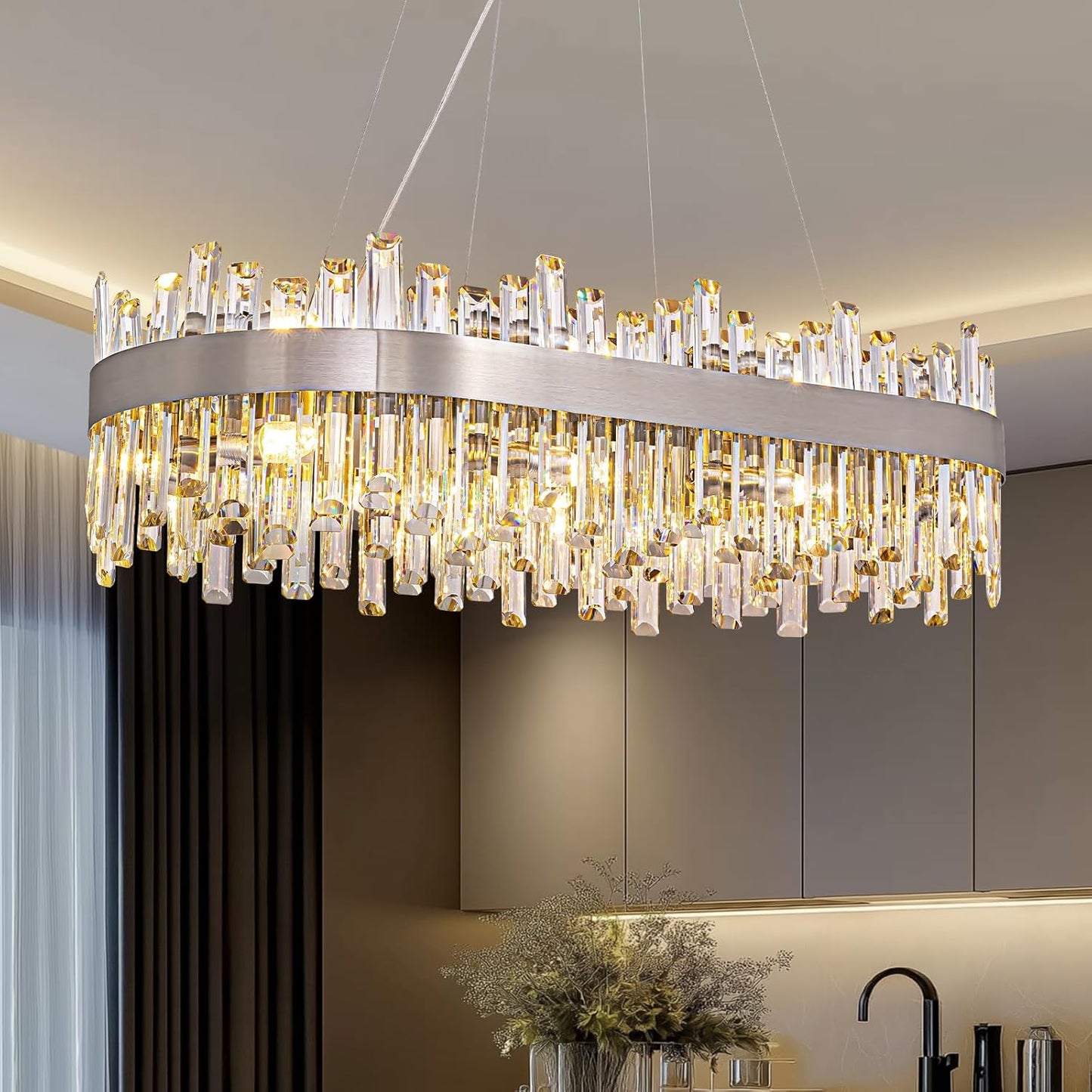 Siljoy Modern Crystal Chandelier 12-Light Brushed Gold 2-Tiers Crystal Raindrop Chandelier Adjustable Flush Mount Pendant Ceiling Light Fixture for Dining Living Room Foyer Entryway D23.6''