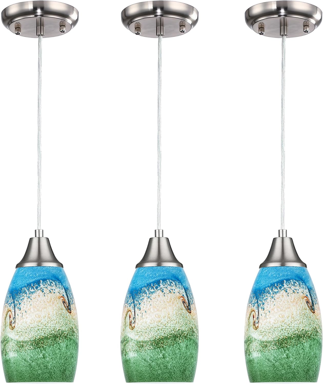 Dark Blue Glass Mini Pendant Lights for Kitchen Island 3Pack Blown Art Glass Pendant Lighting Shade Hanging Pendant Lights with Brushed Nickel Finish for Kitchen Over Sink,Dining Room