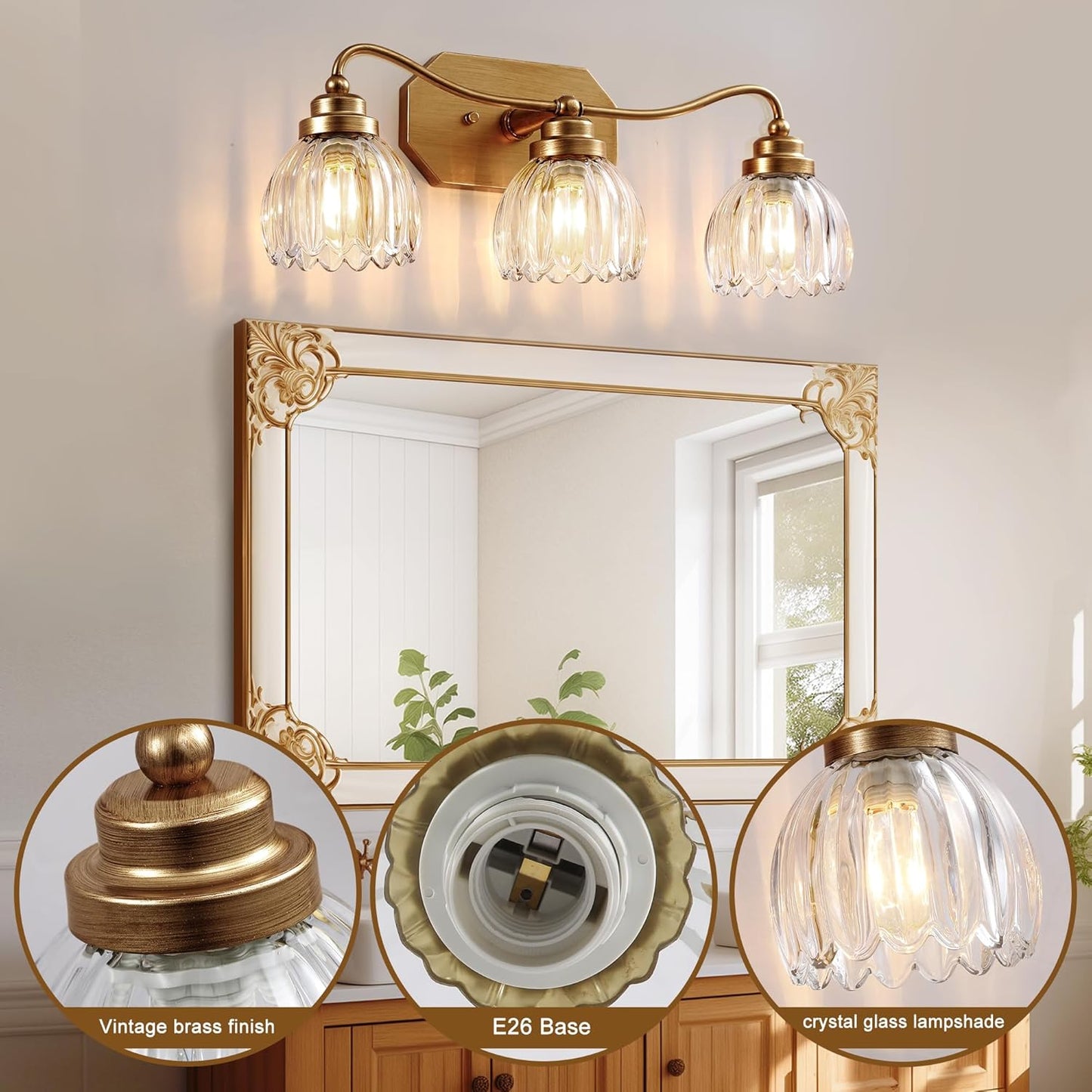 Vintage Bathroom Light Fixtures, Gold Bathroom Vanity Light, Matte Antique Brass Finish with Crystal Glass Shade, Wall Sconces Lighting for Bedroom, Living Room, Hallway (Gold, 3-Light)