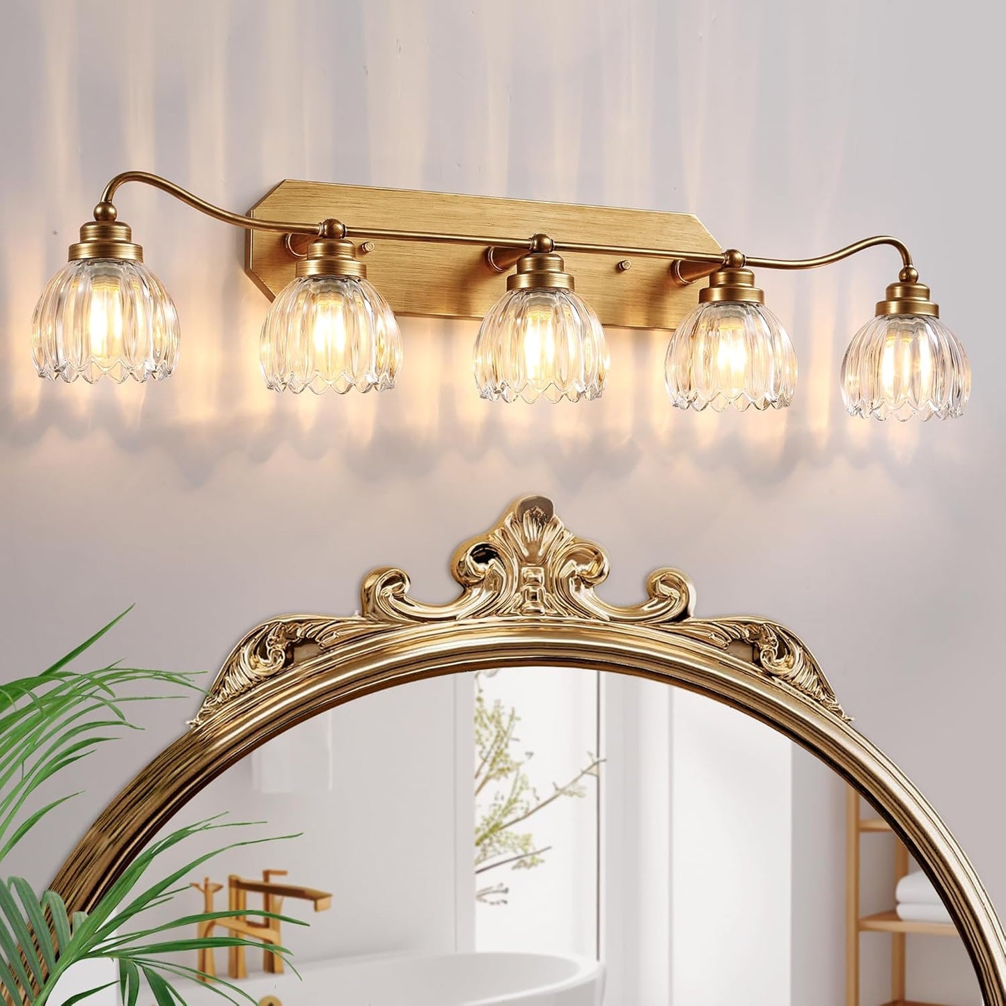 Vintage Bathroom Light Fixtures, Gold Bathroom Vanity Light, Matte Antique Brass Finish with Crystal Glass Shade, Wall Sconces Lighting for Bedroom, Living Room, Hallway (Gold, 3-Light)