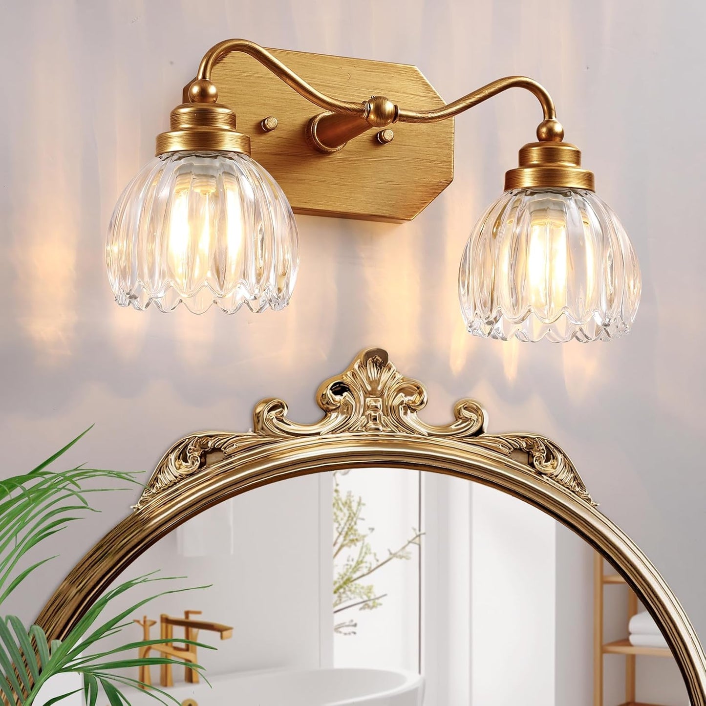Vintage Bathroom Light Fixtures, Gold Bathroom Vanity Light, Matte Antique Brass Finish with Crystal Glass Shade, Wall Sconces Lighting for Bedroom, Living Room, Hallway (Gold, 3-Light)