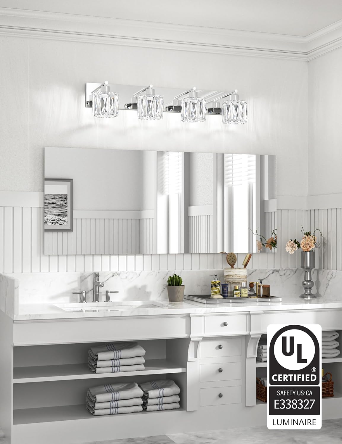 VOLISUN Crystal Vanity Lights - 4 Light Modern Stainless Steel Bathroom Light Over Mirror, Chrome Finish - UL Certificated (Exclude Bulb)