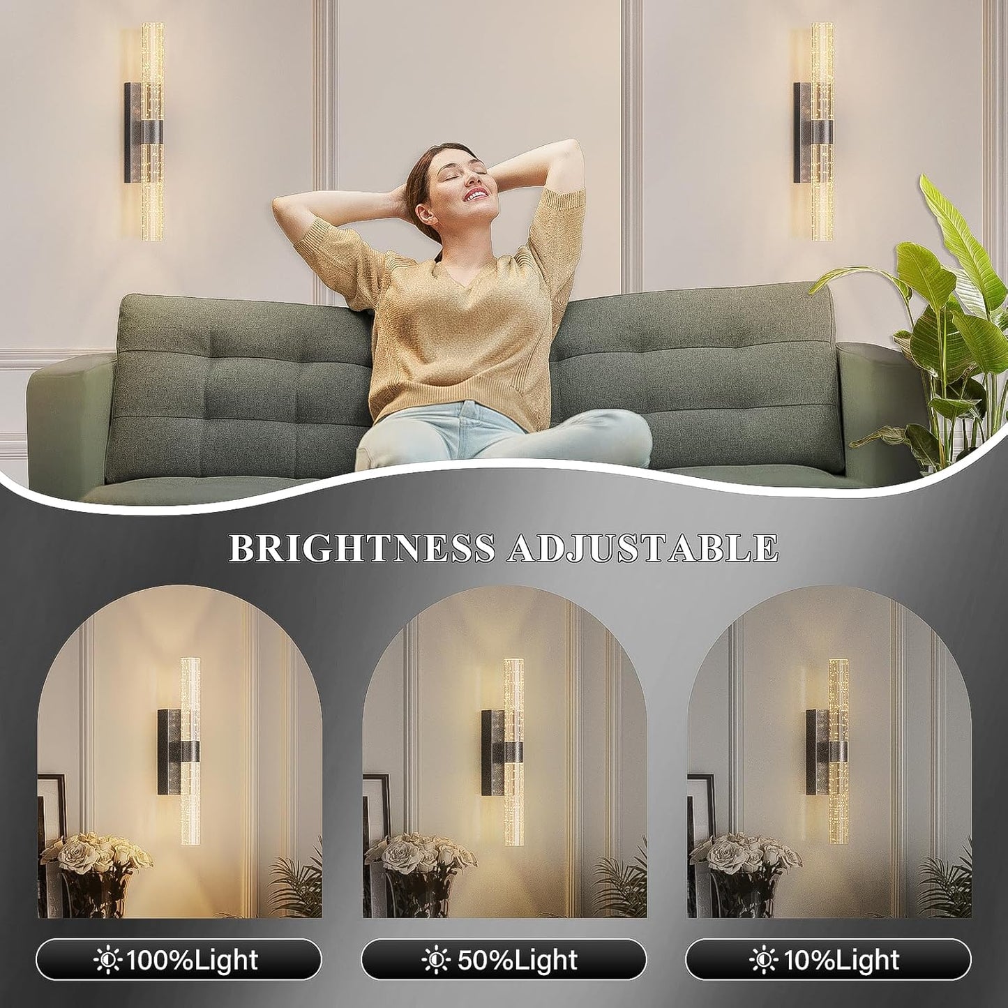camuucci Battery Operated Black Wall Sconces Set of 2 Rechargeable Battery Powered Wall Light with 12000mAh Indoor Not Hardwired Dimmable Wall Lamp Fixtures for Bedroom Living Room 15.3 Inches