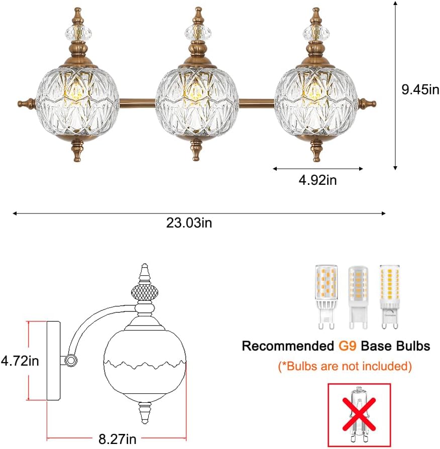 Brushed Gold Bathroom Vanity Light Fixture Vintage Style - 3 Light G9 Bulb Compatible, 23" Wide Bathroom Lighting Over Mirror with Hand-Etched Glass Shades, Easy Mount for Makeup Area